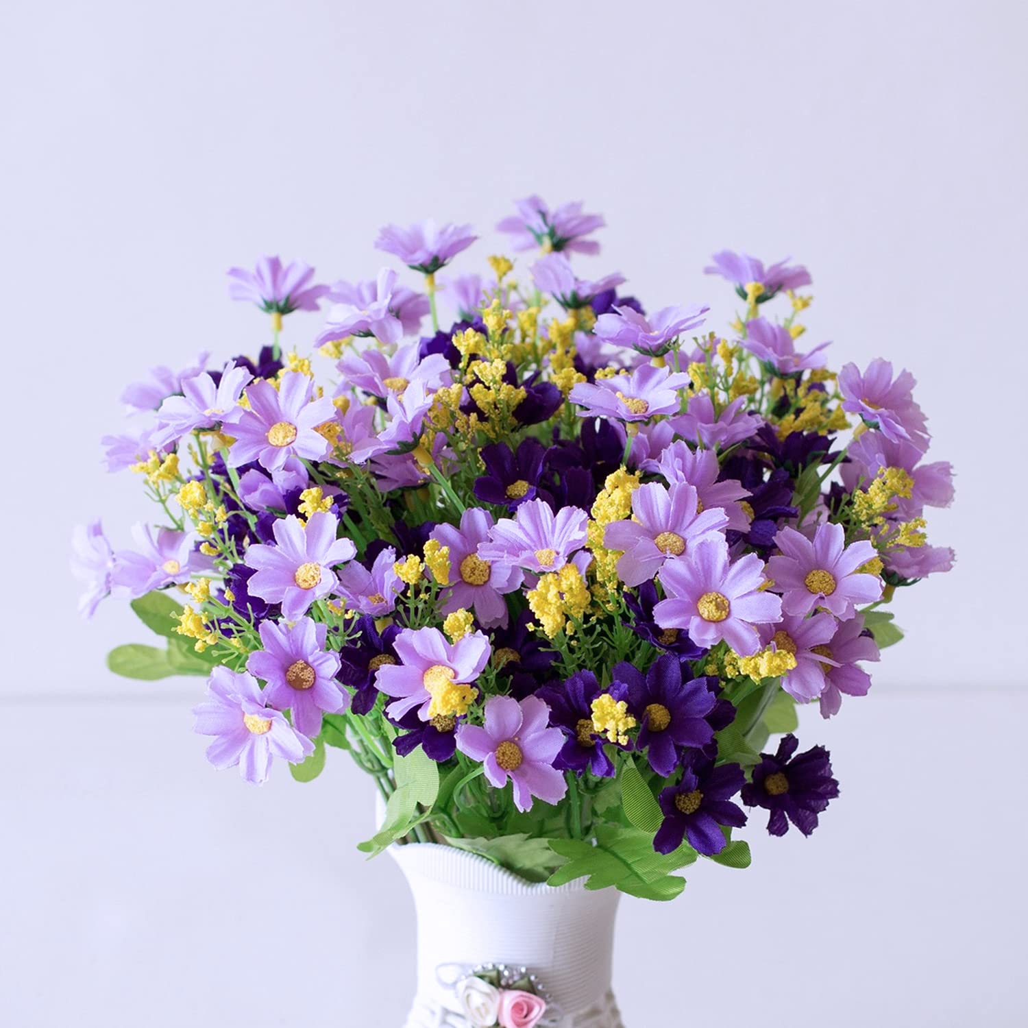 UV Resistant Artificial Purple Silk Daisy Flowers - 6 Bundles Faux Daisy Greenery Shrubs for Outdoor Garden, Porch, Patio & Lawn Decor | Fade Proof Fake Plants in Picket Fence Pot - Perfect for Wedding Centerpieces, Home Decoration & Seasonal Displays