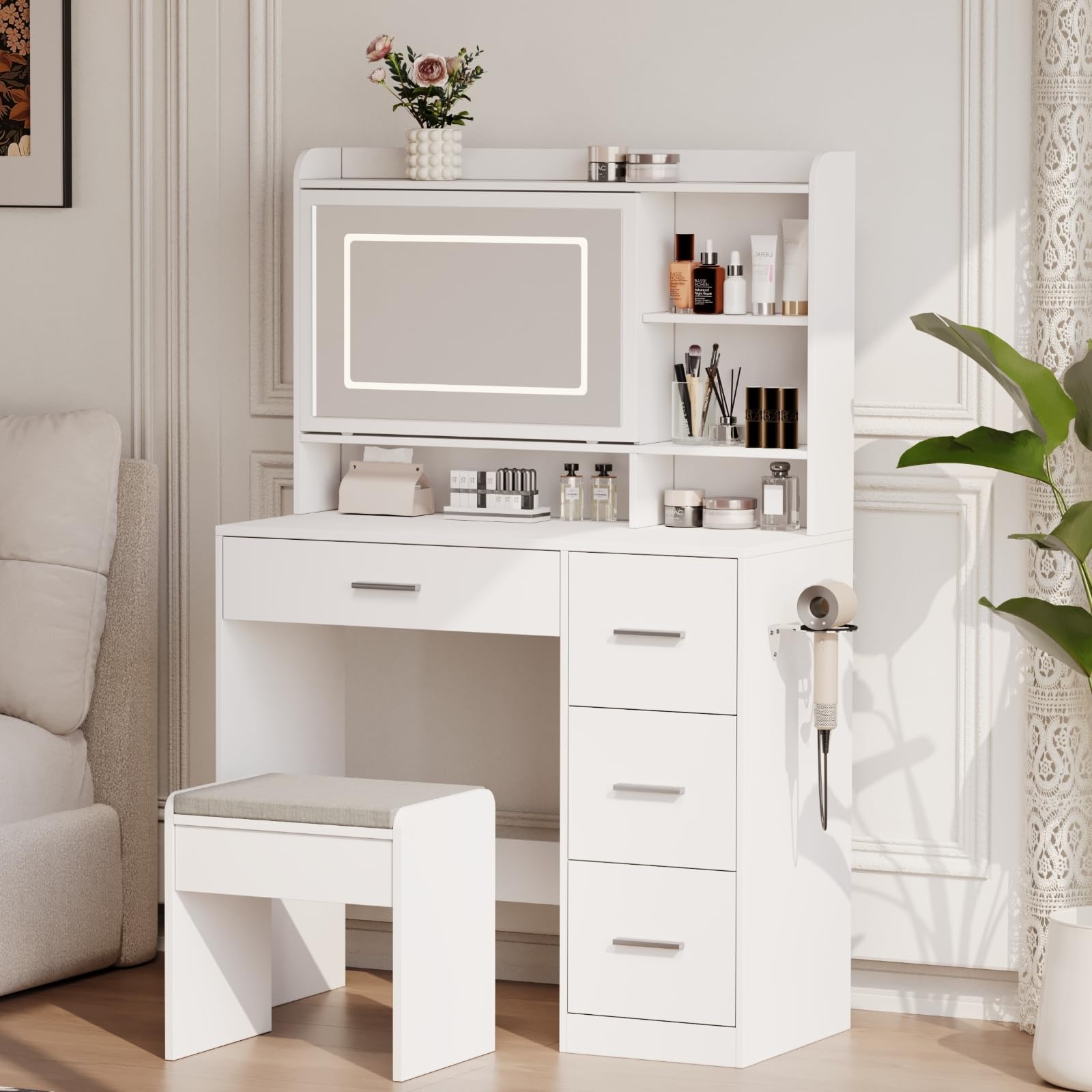 Vanity Desk with Mirror & LED Lights, Chair & 4 Drawers - 3 Adjustable Lighting Modes, Power Outlet & Sliding Mirror - White Bedroom Vanity Table for Makeup & Dressing (Perfect for Small Spaces & Apartment Living)