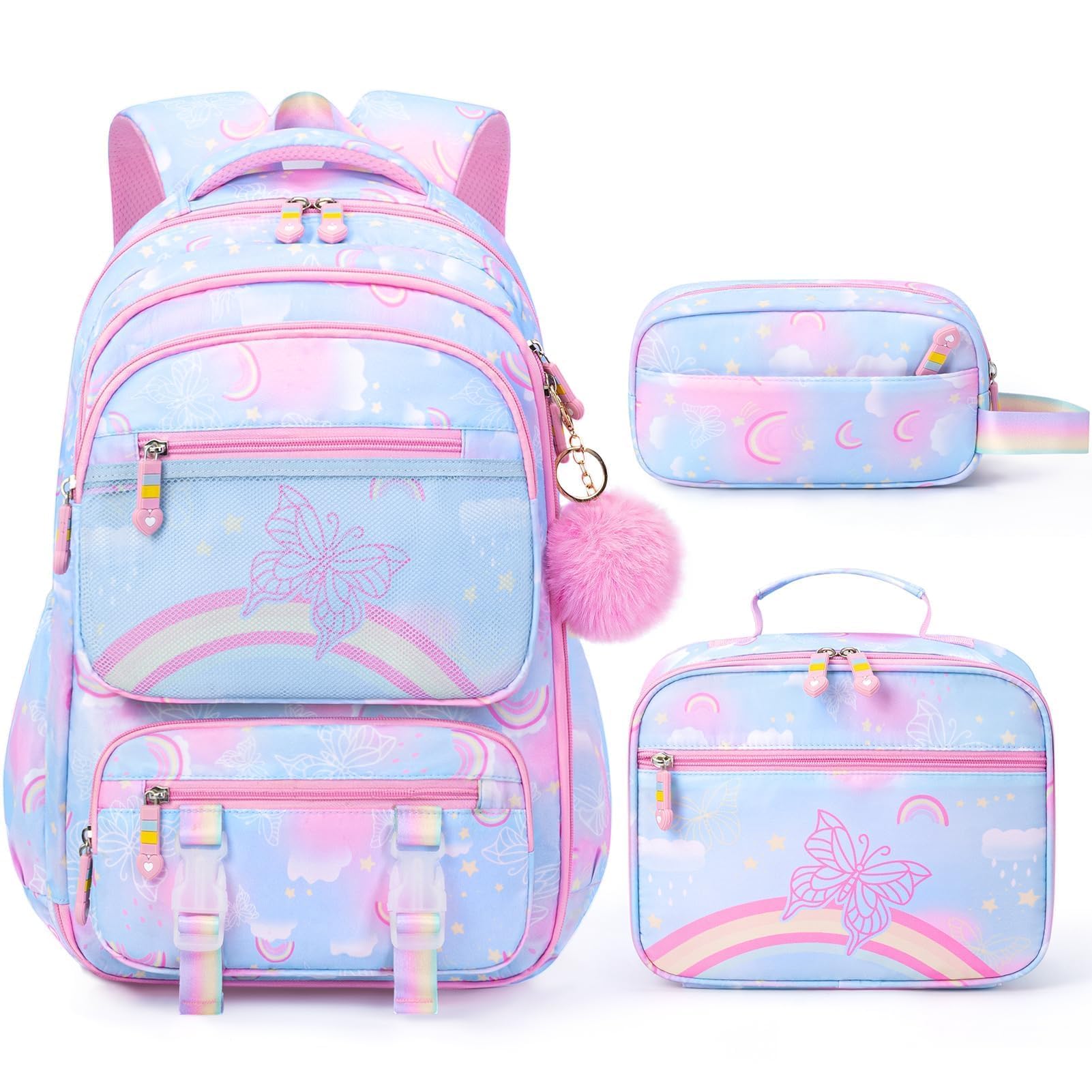 Fimibuke 3PCS Rainbow & Butterflies Backpack Set for Girls - School Backpack with Lunch Box & Pencil Case, Blue Bookbag for Kindergarten to Middle School (Ages 5+) - Perfect for School, Travel & Daily Use