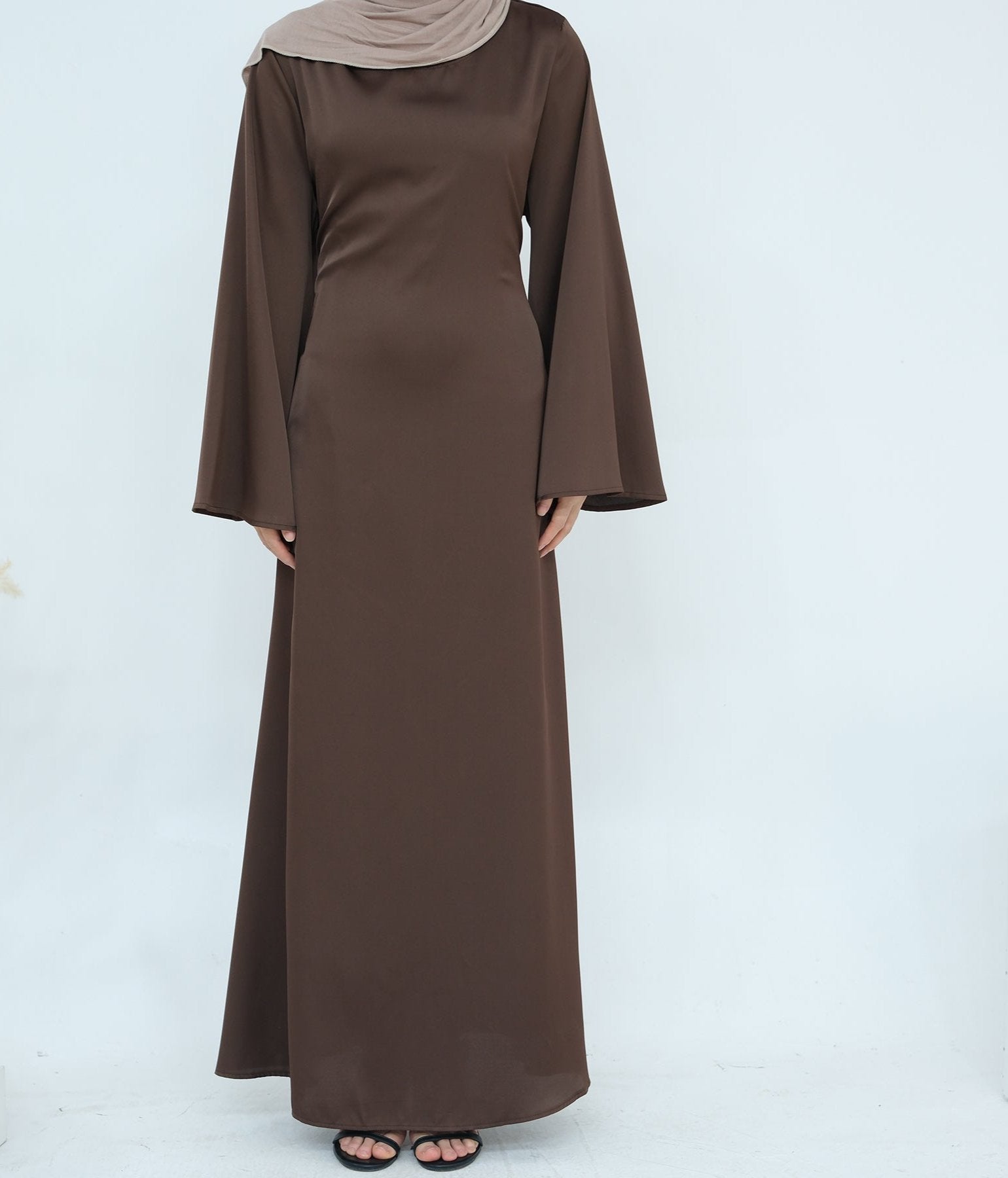 Elegant Calista Trumpet Sleeves Satin Dress in Brown - Perfect for Weddings, Parties & Special Occasions