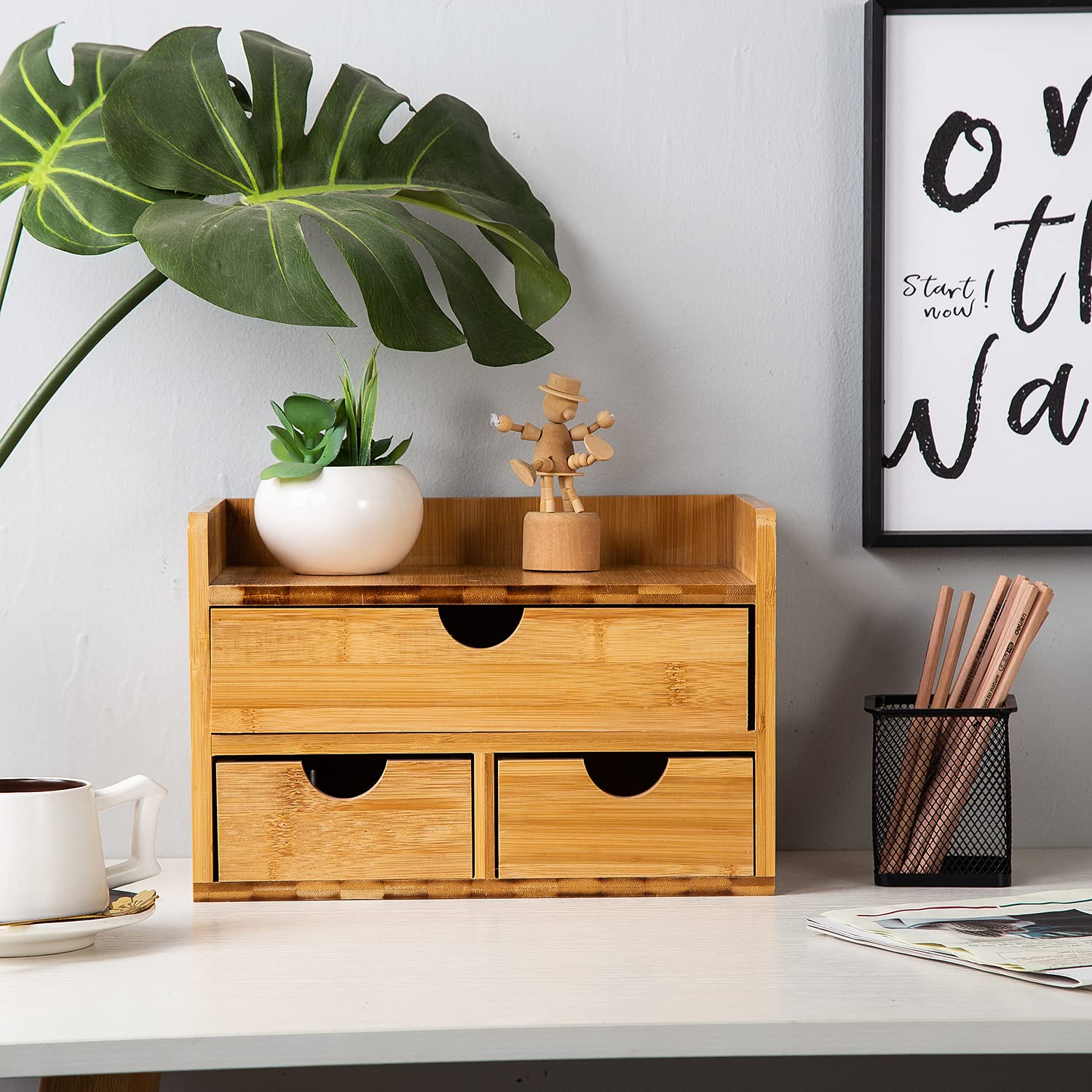 Rustic Distressed White 3-Tier Bamboo Desk Organizer with 3 Drawers - Mini Desk Storage Shelf for Office, Vanity & Bathroom - Perfect for Organizing Stationery, Makeup & Toiletries