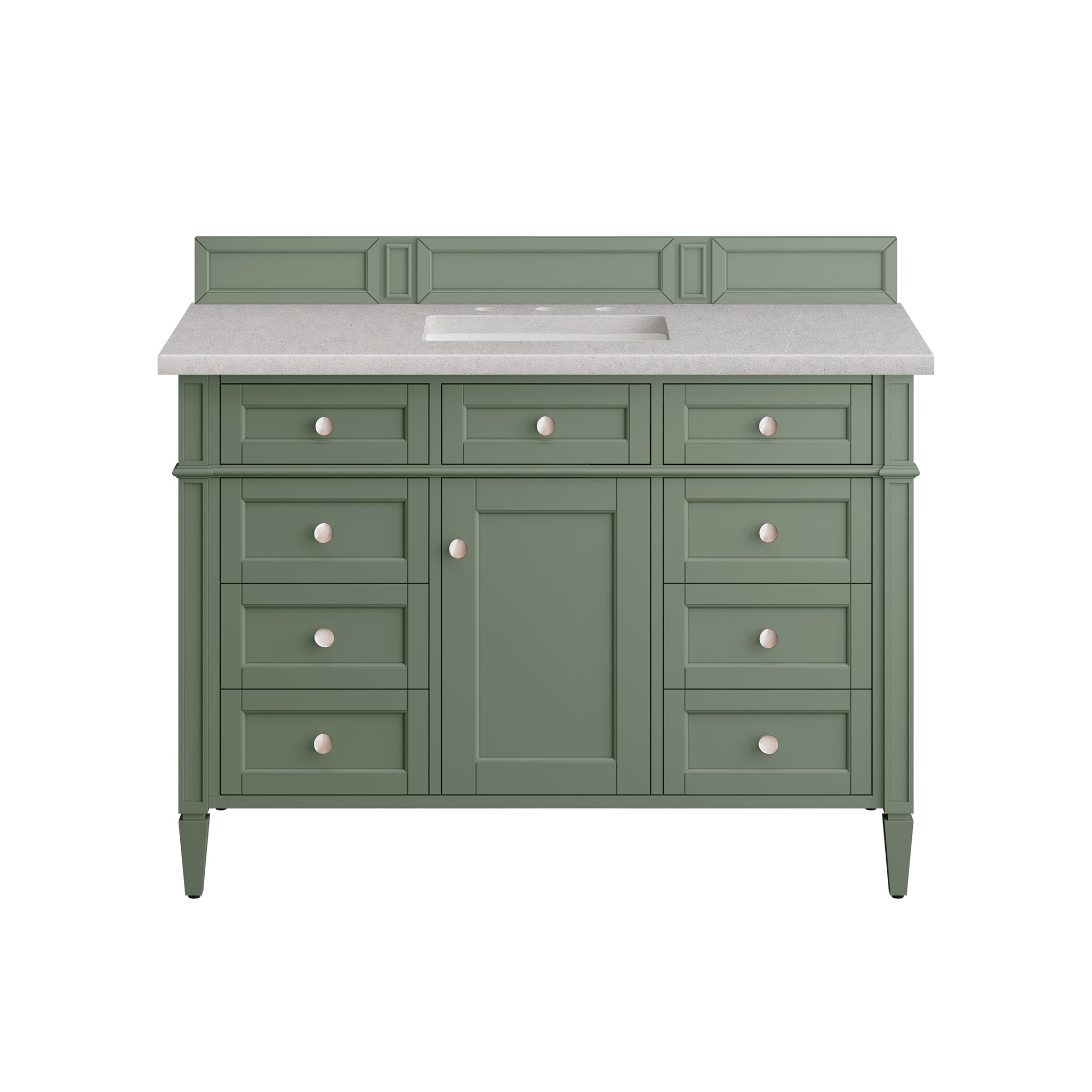 Brittany 48 Inch Single Bathroom Vanity with Smokey Celadon Finish & 3CM Eternal Serena Quartz Top - Perfect for Modern Master Bathrooms and Powder Rooms