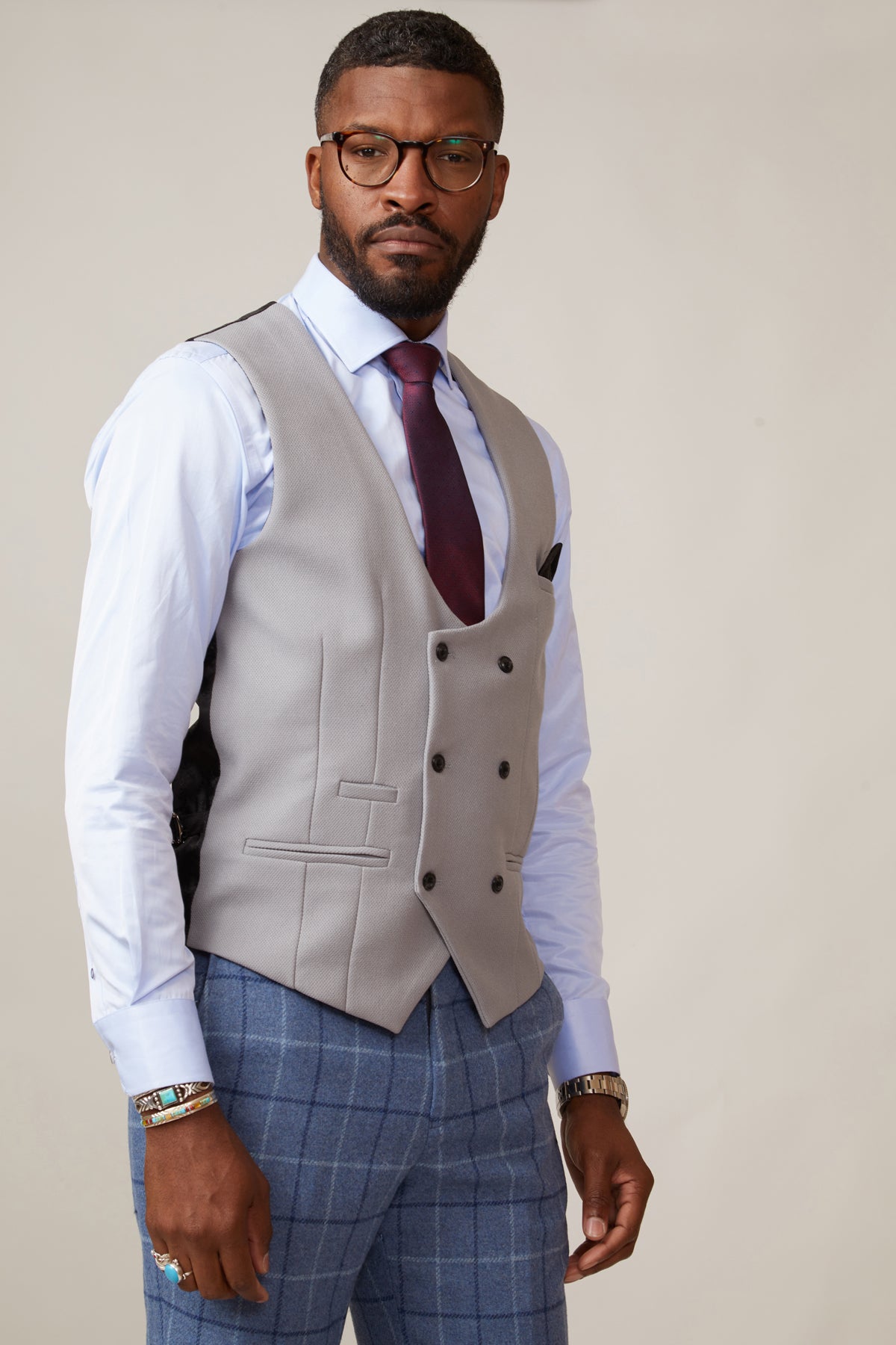 KELVIN Men's Silver Double Breasted Waistcoat Vest - Formal Business Attire & Wedding Suit Accessory