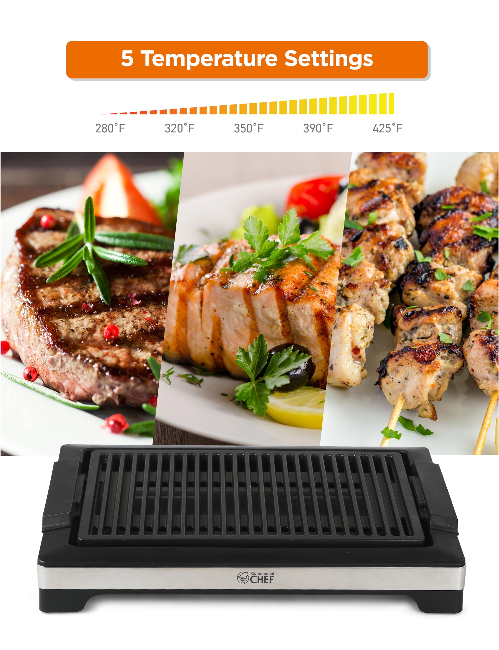Commercial Chef 1600W Electric Indoor Grill - Adjustable Temperature Control, Stainless Steel & Black Countertop Grill for Kitchen, Tabletop - Perfect for Small Spaces, Apartments & Quick Meals