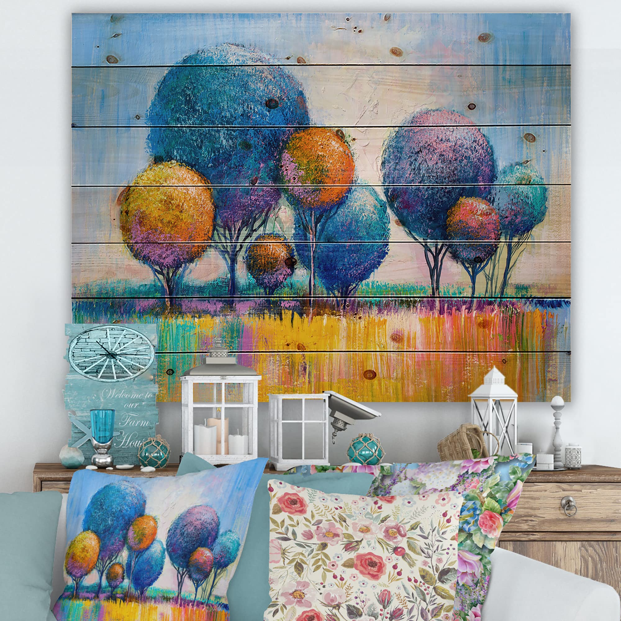 Modern Blue Wood Wall Art - Autumn Fantasy Trees IV Contemporary Wood Wall Decor, Large Landscape Panel Printed on Natural Pine | Perfect for Living Room, Bedroom & Office Decor