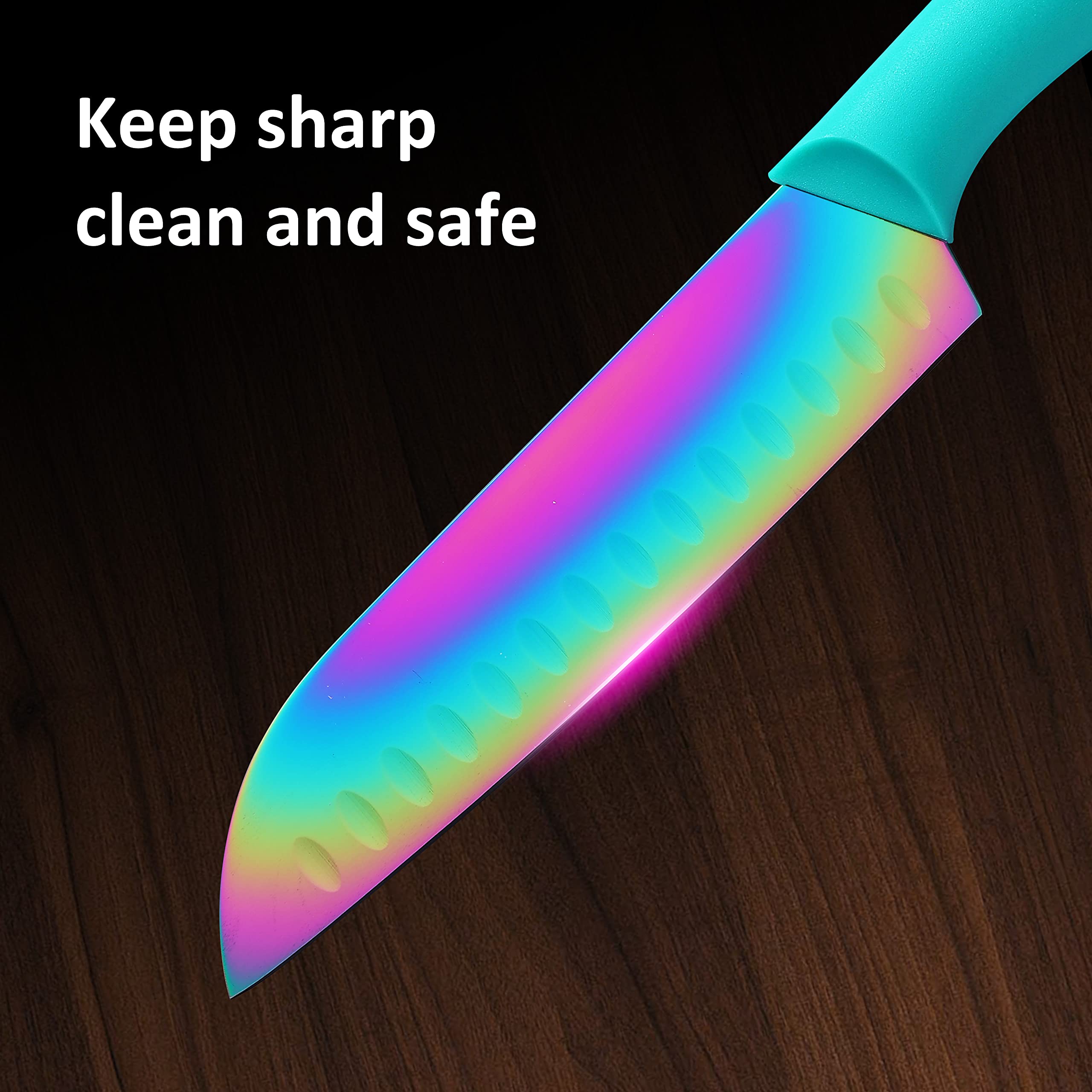 **17-Piece Marco Almond Stainless Steel Knife Set with Spoons & Blade Guards - Rainbow Color Kitchen Knives for Cooking, Baking & Meal Prep**