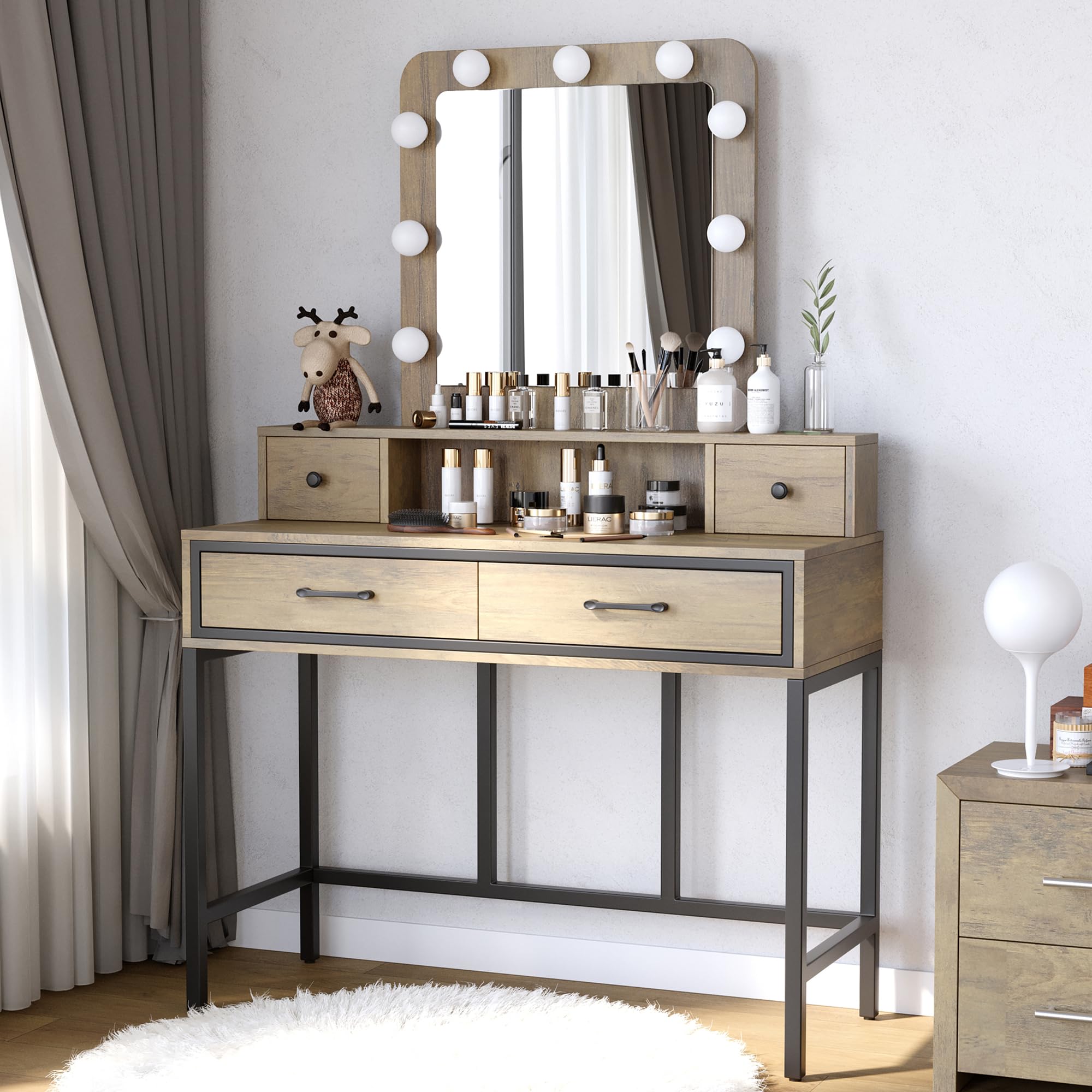 Vanity Desk with Mirror and Lights - Makeup Vanity Table with 3-Color Dimmable Hollywood Mirror, 4 Drawers & Large Storage, Elegant Brown Dressing Table for Women & Girls | Perfect for Bedroom, Dorm, Apartment Makeup & Beauty Routine