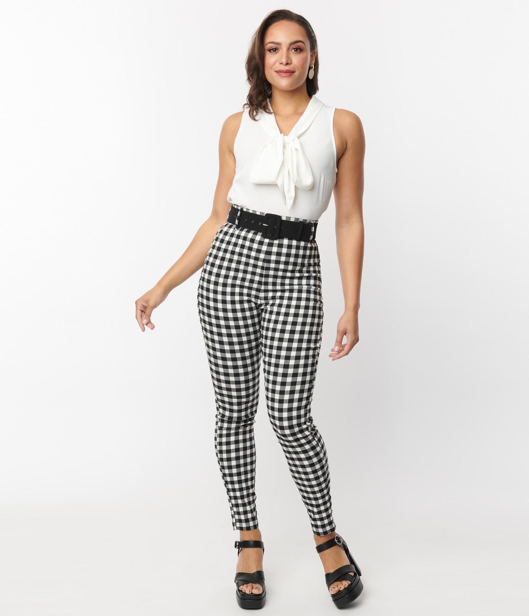 Vintage Black & White Gingham Belted Rizzo Pants for Women - Retro High Waisted Trousers with Adjustable Belt - Perfect for 1950s Style, Rockabilly Outfits & Pinup Fashion