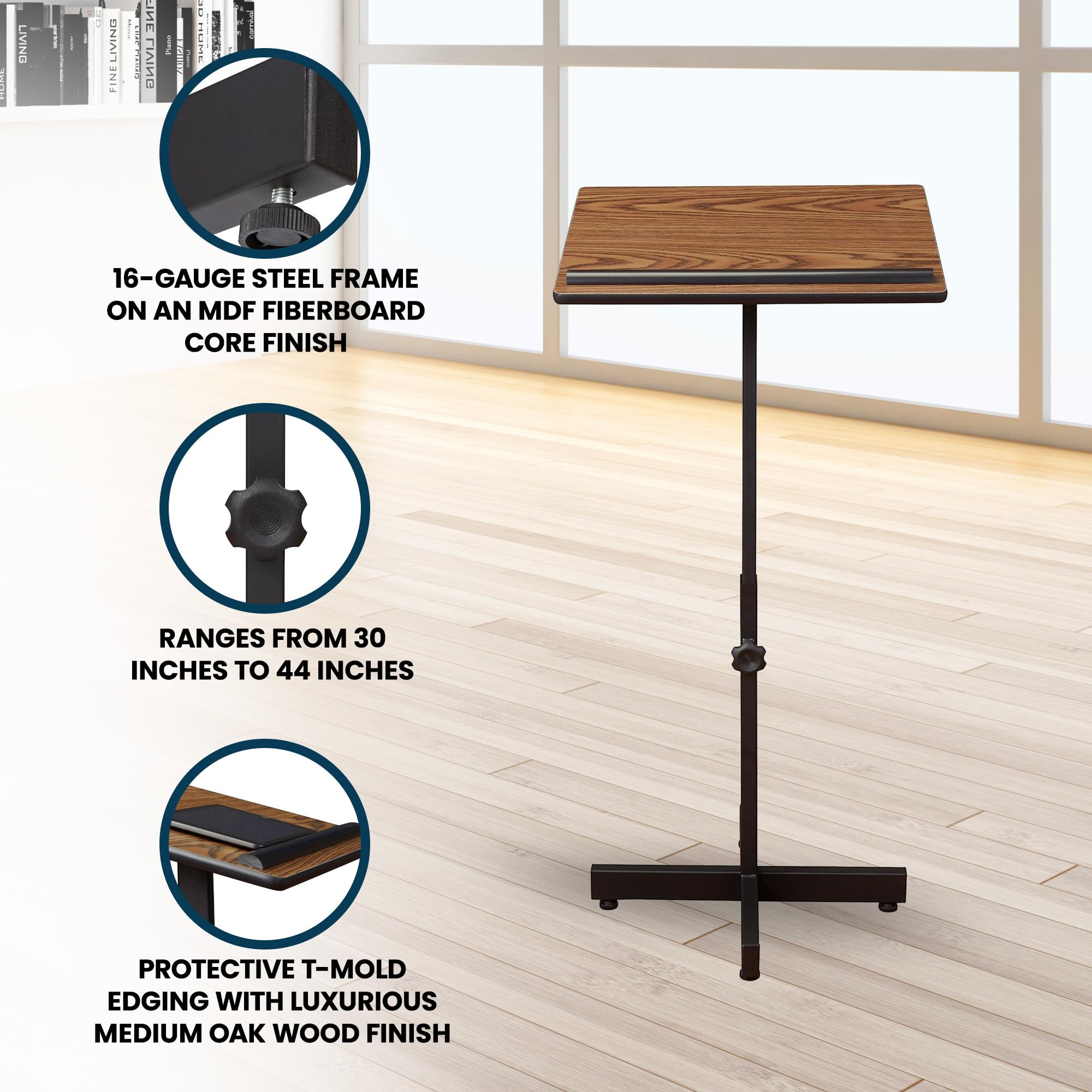 Oklahoma Sound Portable Adjustable Height Lectern Stand - 16x20 Inch Reading Surface with Book & Paper Stop - Medium Oak Finish for Church, Classroom & Public Speaking Events