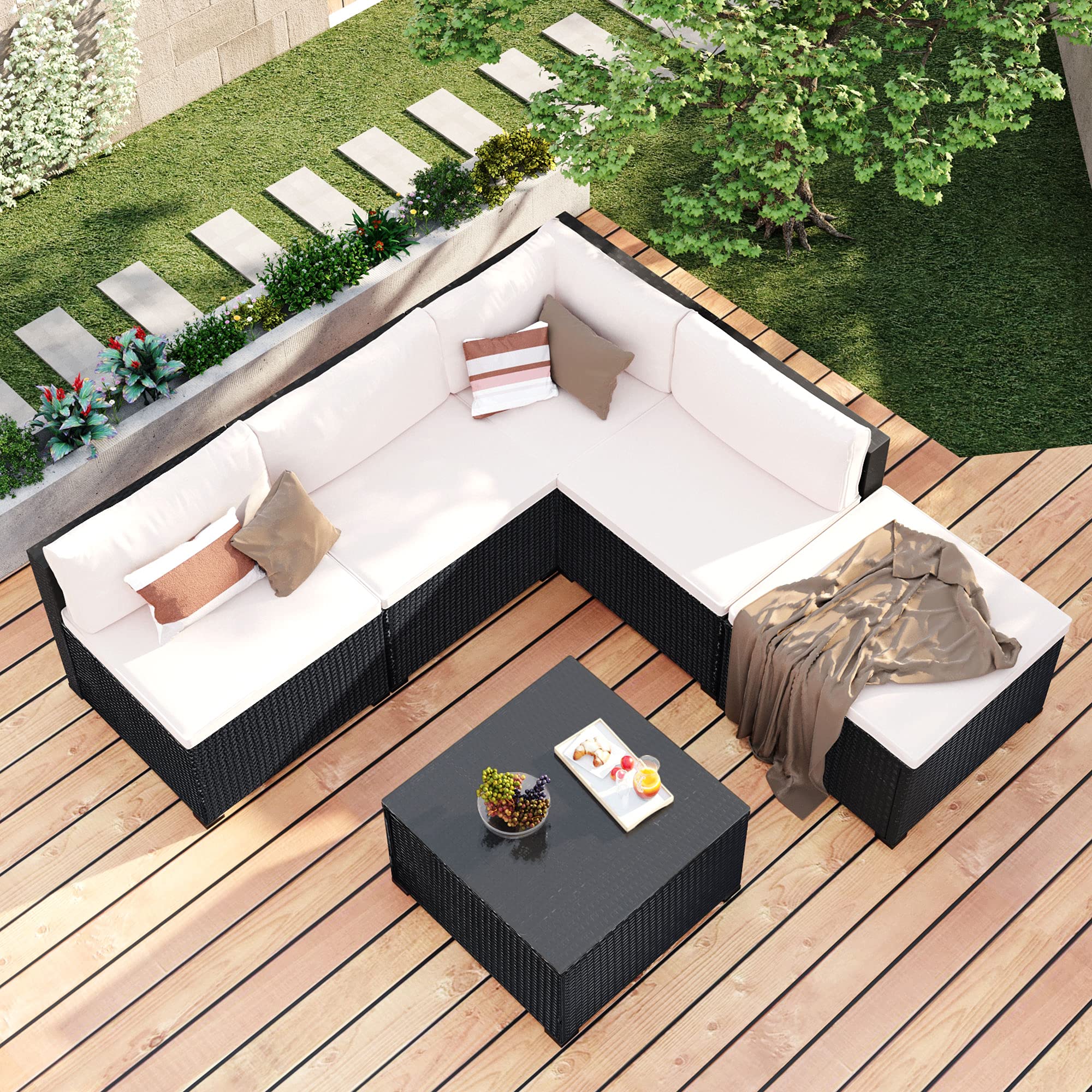 Premium Outdoor Furniture Set - PE Rattan Black Wicker Sofa with Chaise Lounge & Glass Coffee Table, Removable Cushions - Perfect for Backyard, Poolside, Garden, Patio, and Porch Relaxation