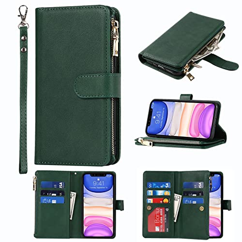 9 Card Slots Zipper Dark Green