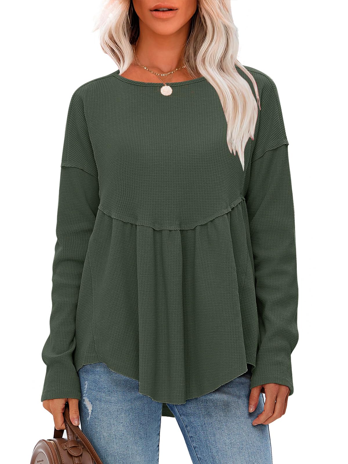 EXLURA Women's Waffle Knit Long Sleeve Crewneck Tunic Top - Loose Fit Babydoll Style Maternity Shirt for Fall Fashion 2025 | Casual Wear, Layering Piece, Pregnancy Outfits & Autumn Wardrobe Essential