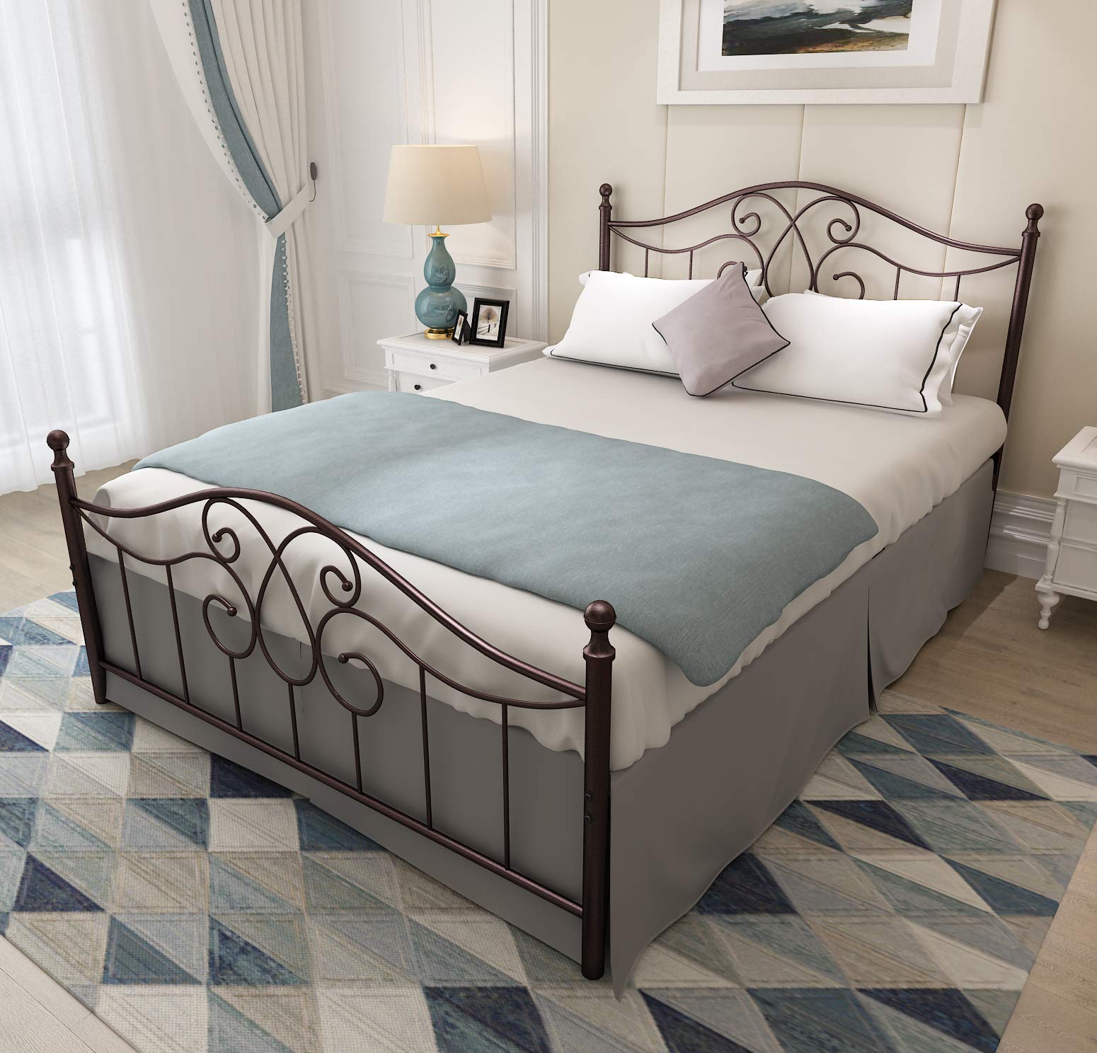 YALAXON Vintage Sturdy Metal Bed Frame with Headboard and Footboard - No Box Spring Needed - Queen Size Antique Brown - Perfect for Bedroom, Guest Room & Dorm Decor