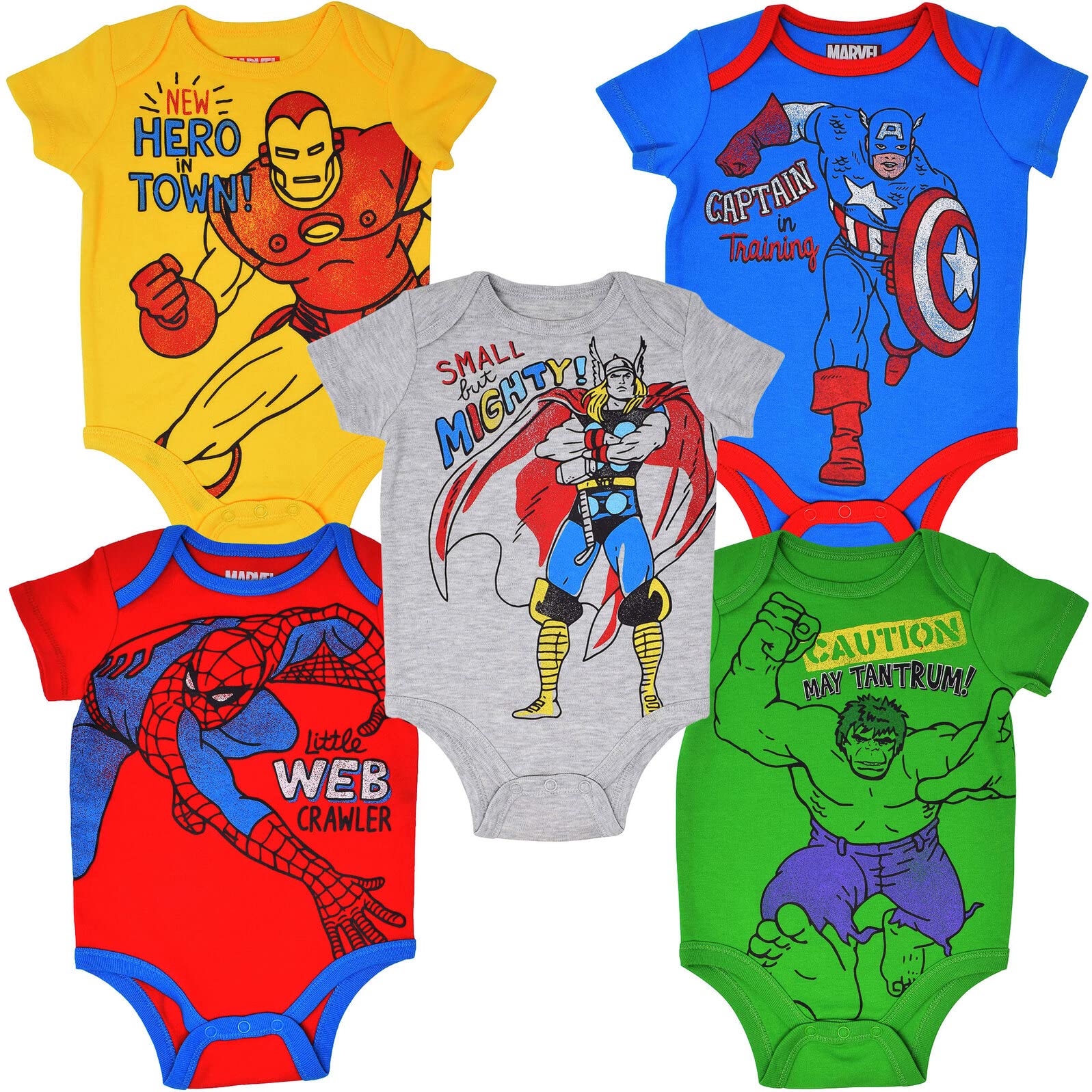 Marvel Avengers Baby Bodysuits 5-Pack - Spider-Man, Iron Man, Hulk & Captain America (Newborn to 12M) | Superhero Costume for Infants | Perfect for Halloween, Birthday Parties & Photo Shoots