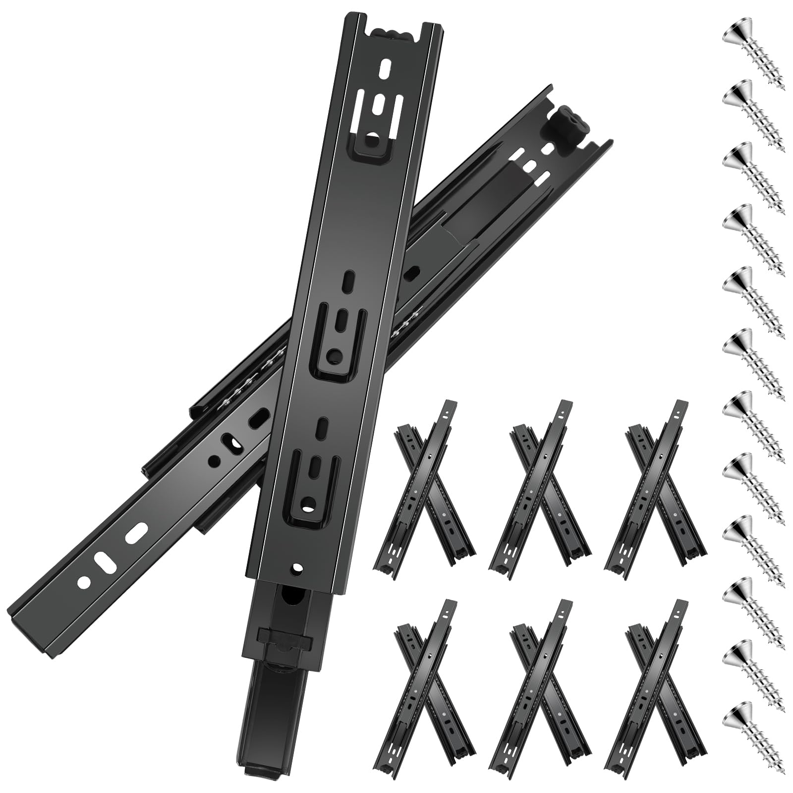 16 Inch Full Extension Ball Bearing Drawer Slides - 6 Pairs (12pcs) Heavy Duty Side Mount Drawer Rails for Kitchen Cabinets, Wardrobes, File Cabinets & Trash Cans - 100 LB Capacity Black Metal Glides - Perfect for Home Office & Storage Organization