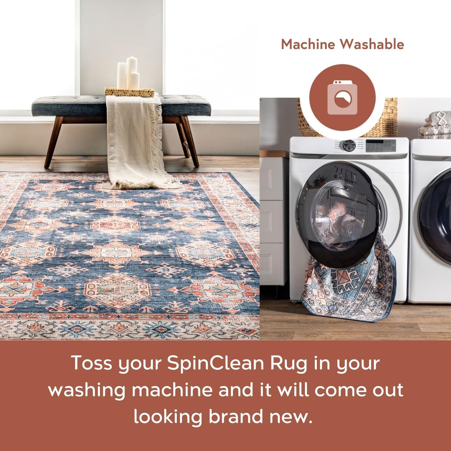 nuLOOM Finley Navy 8' x 10' Washable Area Rug - Stain Resistant, Non-Slip Backing, Low Profile for Living Room, Bedroom & Dining Room | Perfect for High Traffic Areas, Pet-Friendly Homes & Modern Interior Decor