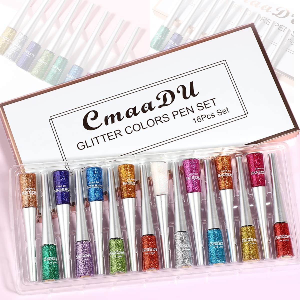 16 Colors Liquid Glitter Eyeliner Set - Metallic Shimmer Waterproof Eyeshadow & Rainbow Eyeliner for Face & Lips - Long Lasting Makeup for Party, Festival, Cosplay & Halloween