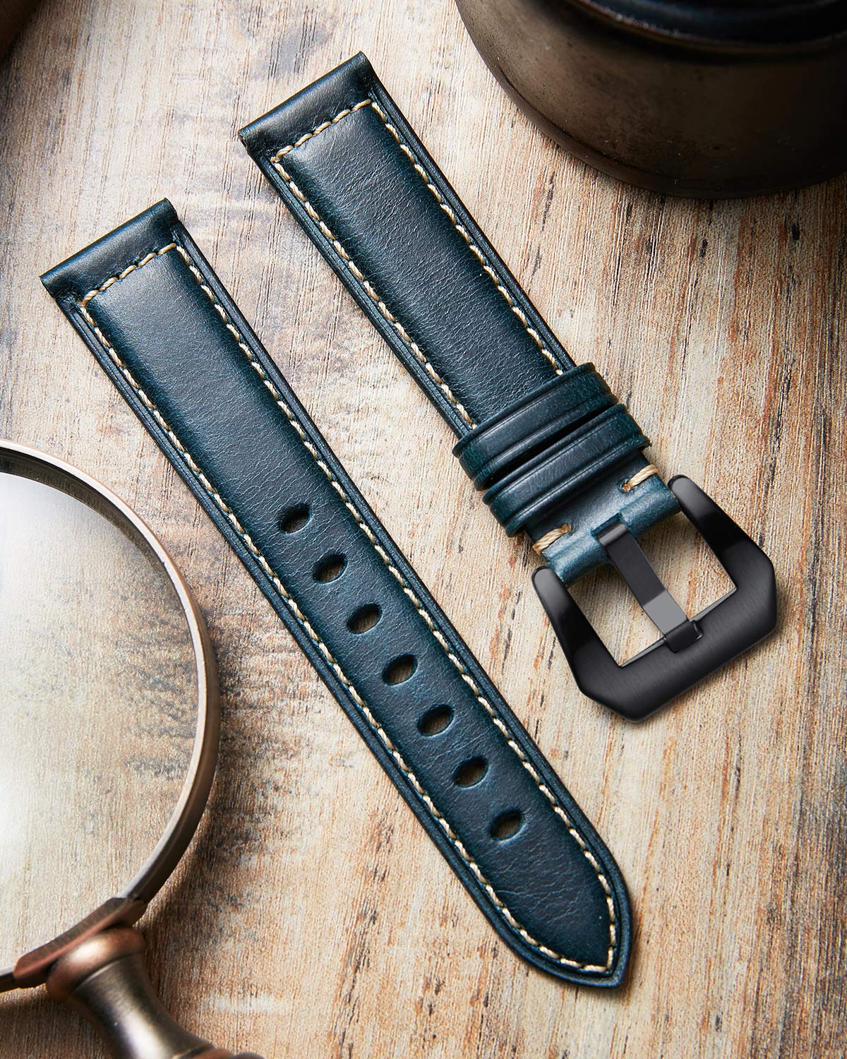 BINLUN Vintage Leather Smartwatch Band - Compatible with Garmin & Huawei Watches - Handmade Oil Wax Leather Strap - 18/20/22/24mm Watch Bracelet - Perfect for Business, Casual & Outdoor Activities