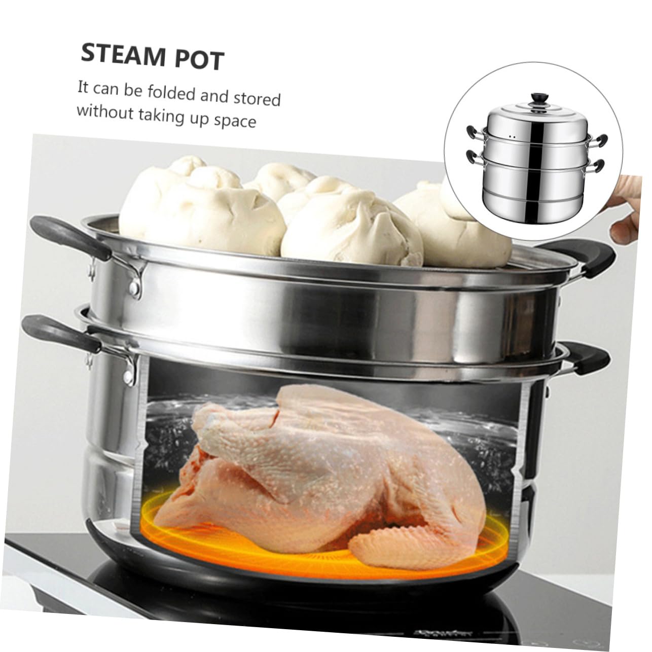 Stainless Steel Stackable Steamer Pot - 3-Layer Steaming Cookware for Soup, Dumplings & Vegetables | Durable & Convenient Kitchen Essential for Home Cooking & Meal Prep