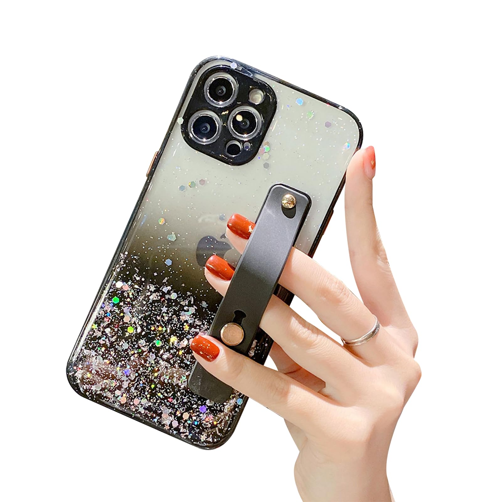 Sparkly Glitter Clear Phone Case with Wrist Strap & Kickstand for iPhone 12 Pro Max 6.7 Inch - Soft TPU Protective Cover with Adjustable Hand Grip Loop - Perfect for Workouts, Travel & Everyday Use (Black)