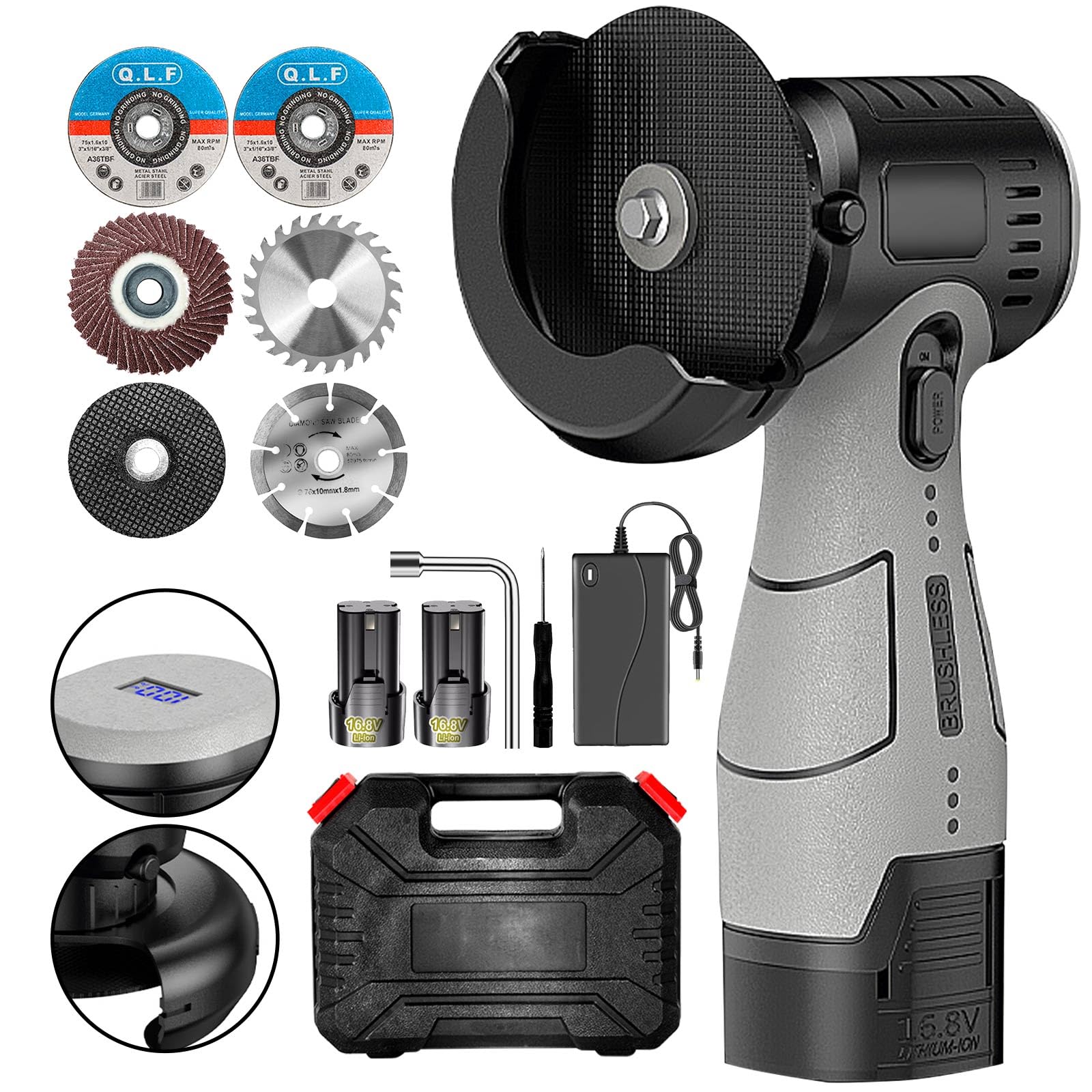 Brushless Cordless Angle Grinder Kit - 19500 RPM Mini Electric Grinder with 2x16.8V 2000mAh Batteries & 6 Cutting Discs - Handheld Power Tool for Metal, Wood Cutting and Polishing - Perfect for DIY Projects, Metal Fabrication and Woodworking
