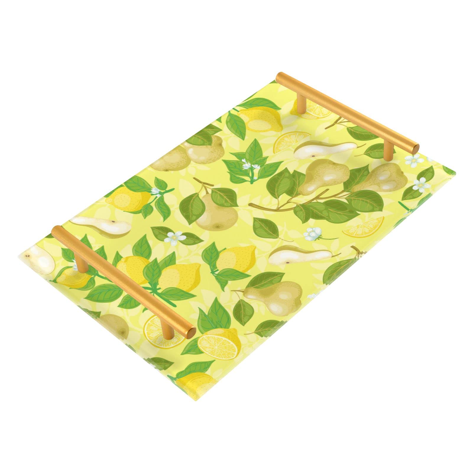 Lemon Pear Decorative Tray with Golden Metal Handles - Elegant Vanity Tray for Perfume, Jewelry & Accessories - Perfect for Countertop, Dresser, Nightstand or Desk Organization - Home Decor & Bathroom Storage Solution