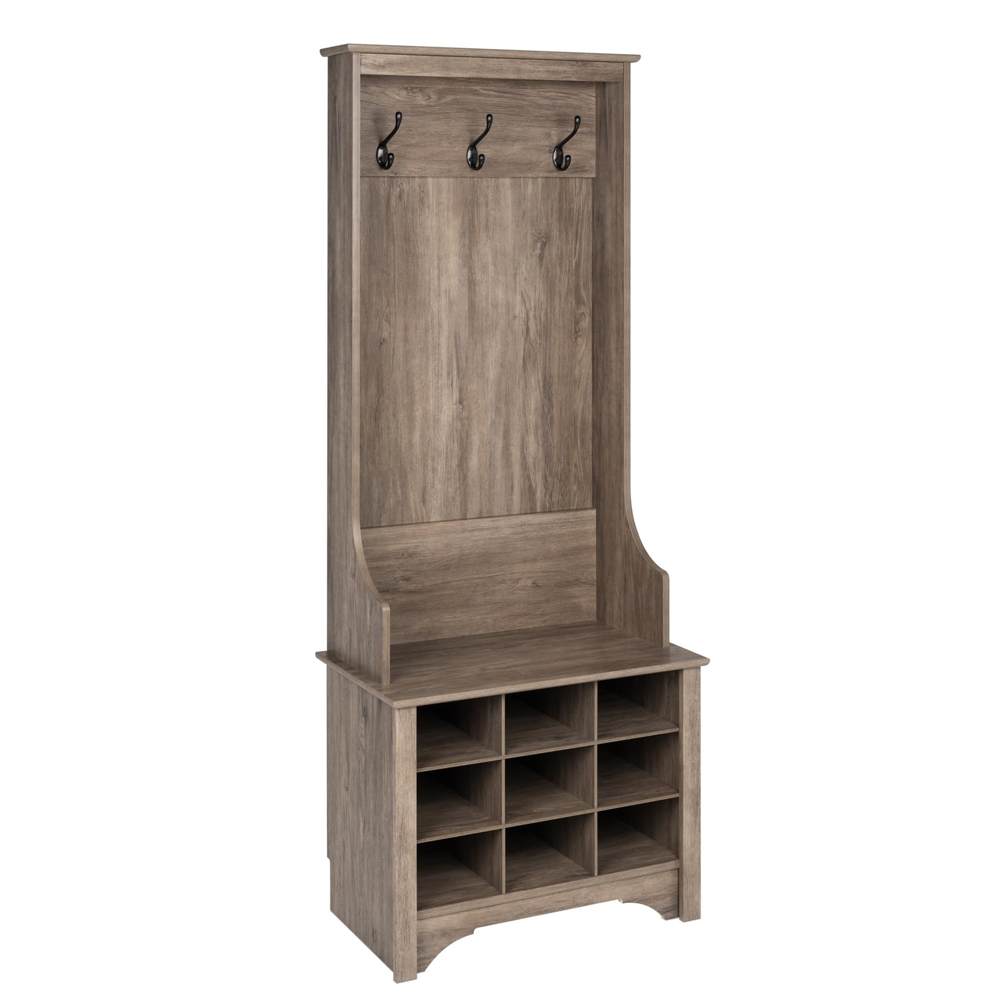 Prepac Gray Hall Tree Entryway Organizer - 9 Shoe Storage Cabinet with 3 Double Coat Hooks, 15.5