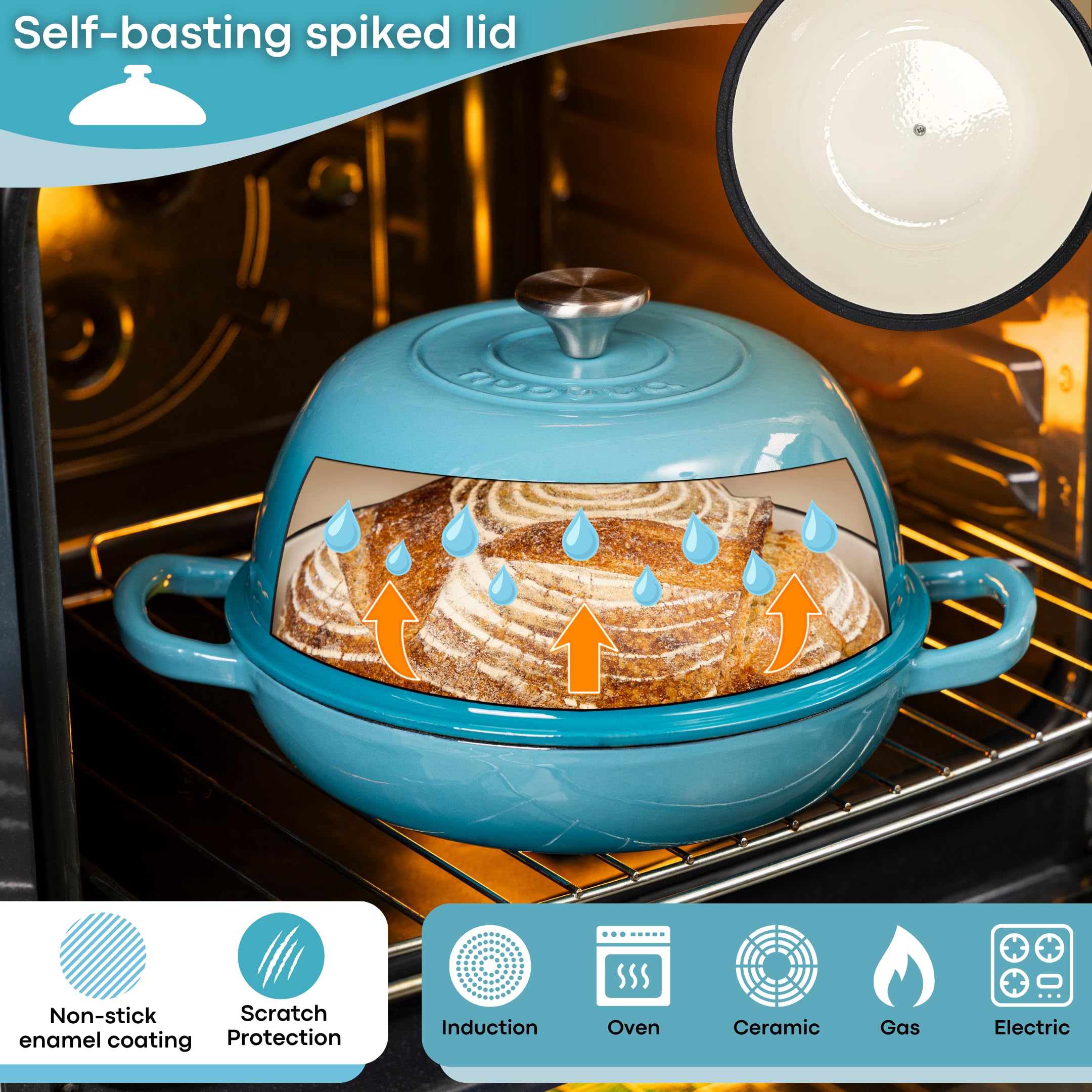 Premium Enameled Cast Iron Dutch Oven - 6 Quart (5.7L) Blue Bread Baking Pot with Lid - Perfect for Sourdough, Artisan Bread & Camping - 22cm Heavy Duty Oven-Safe Cookware by Nuovva - Ideal for Home Baking, Outdoor Cooking & Kitchen Decor