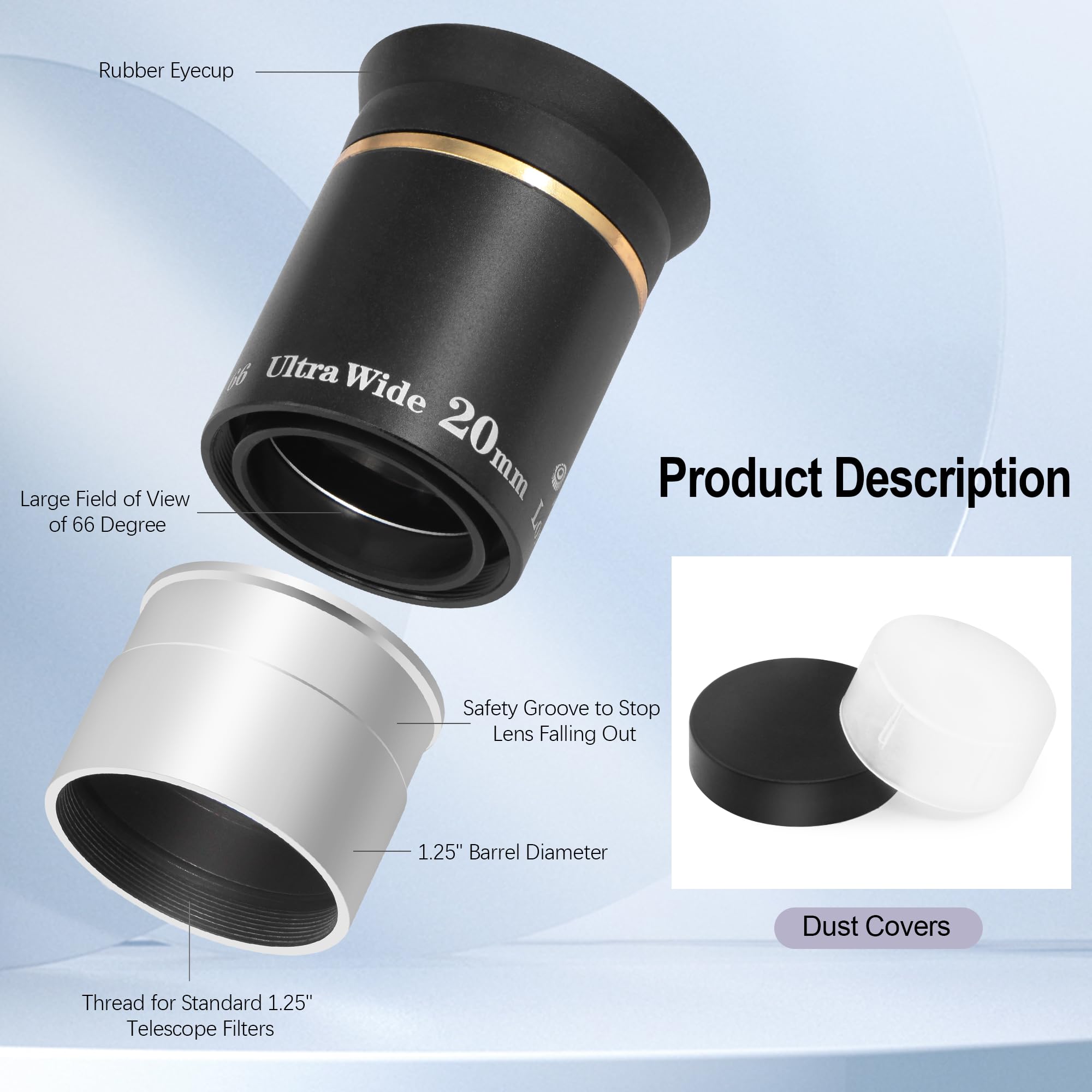 Astromania 1.25 Inch HD Fully Multi-Coated Telescope Eyepiece - 20mm Ultra Wide Angle 66° View with Long Eye Relief - Premium Astronomy Telescope Accessory for Stargazing, Moon Observation & Celestial Viewing