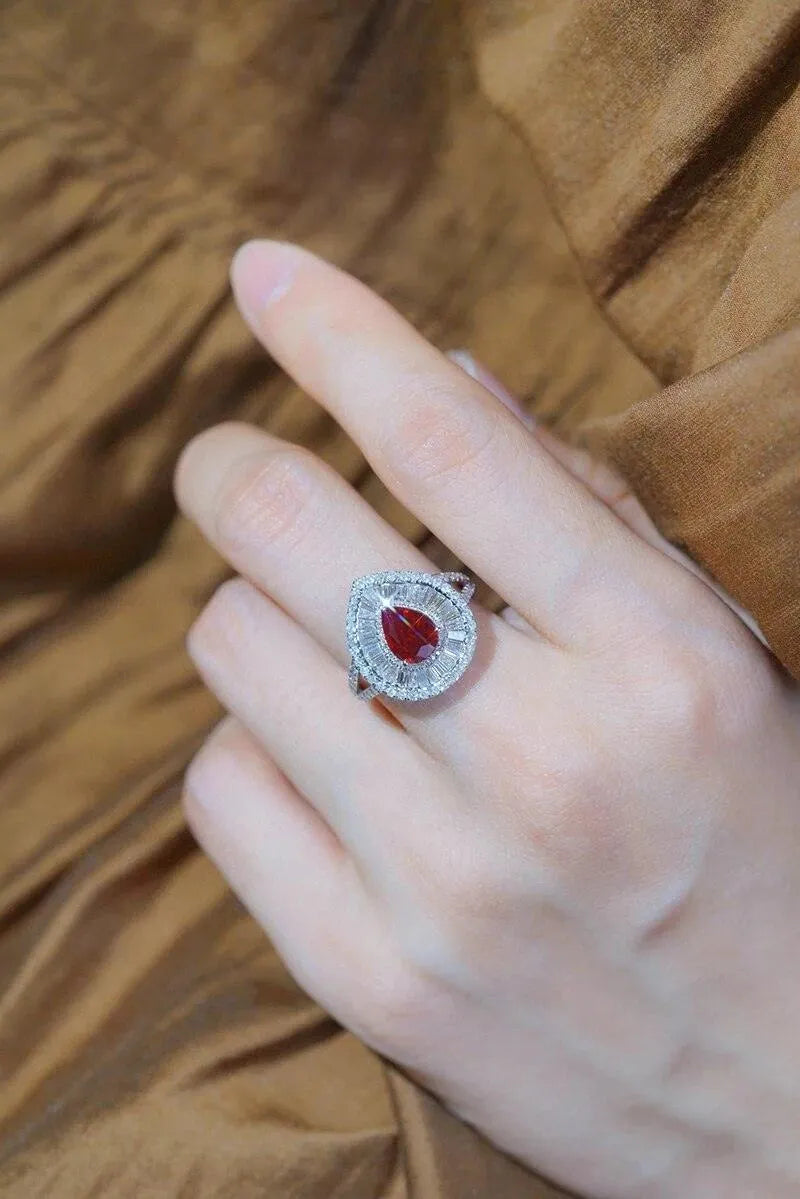 18K White Gold Natural Ruby and Diamond Ring for Women - Luxury Water Drop Design Jewelry for Senior Banquets, Weddings & Special Occasions