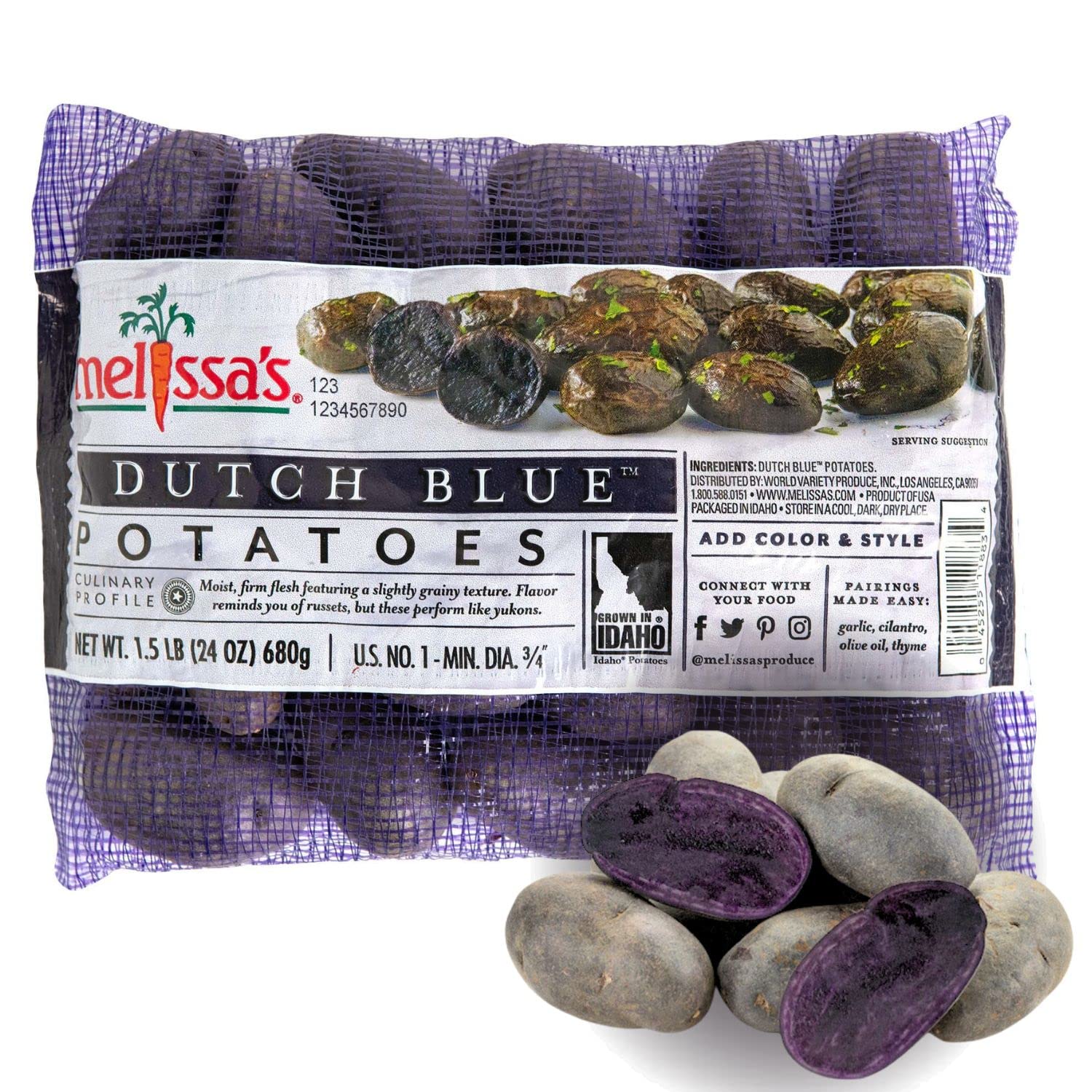 Fresh Melissa's Dutch Blue Potatoes - 3lbs (2 Pack of 1.5lb Bags) - Perfect for Roasting, Mashing & Colorful Salads