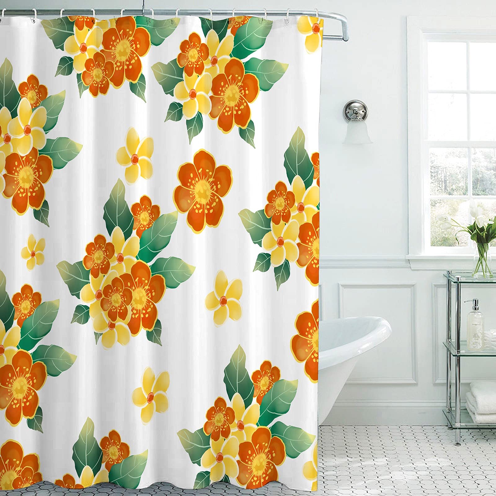 VOUGGIME Farmhouse Shower Curtain with Floral Boho Design - Yellow Flowers & Green Leaves Bohemian Style Fabric Bathroom Decor Set (72x72 Inches) Includes 12 Hooks - Perfect for Vintage, Rustic or Modern Bathroom Decor