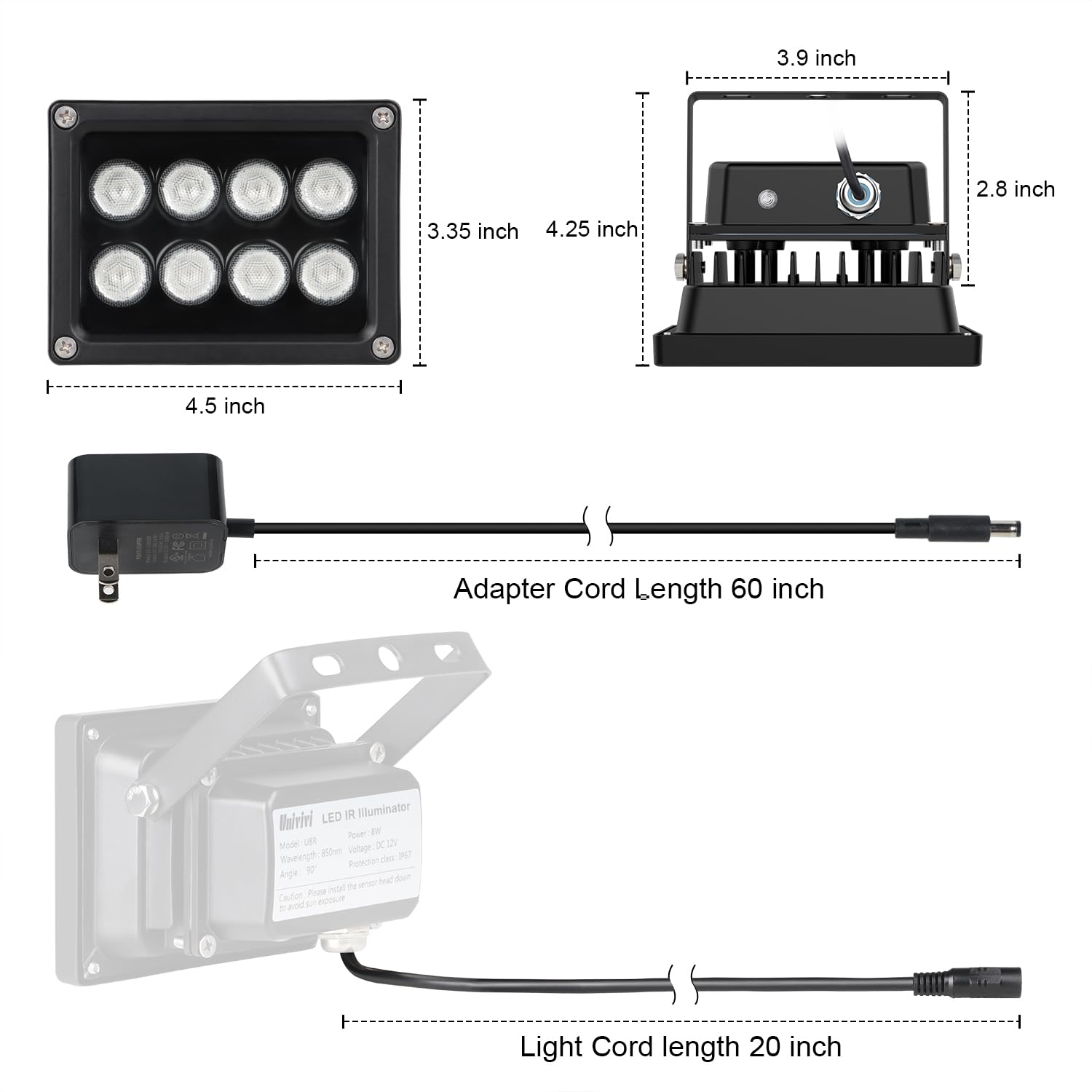 Univivi 90° Wide Angle 8-LED 850nm IR Infrared Illuminator - IP67 Waterproof Night Vision Light for Outdoor Security Cameras | Perfect for Home Surveillance, Backyard Monitoring & Dark Area Coverage