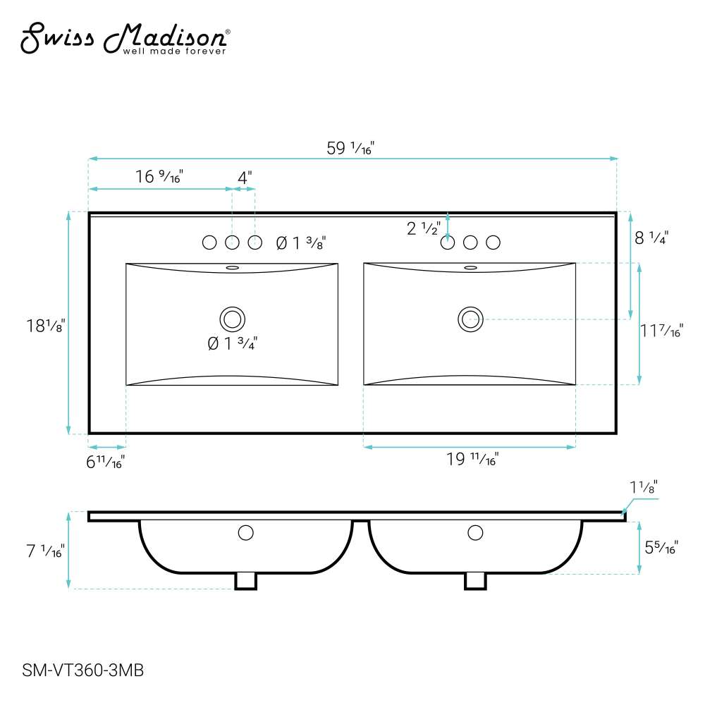60 Inch Matte Black Bathroom Vanity Top with 3-Hole Sink - Perfect for Modern Master Bathrooms & Powder Rooms