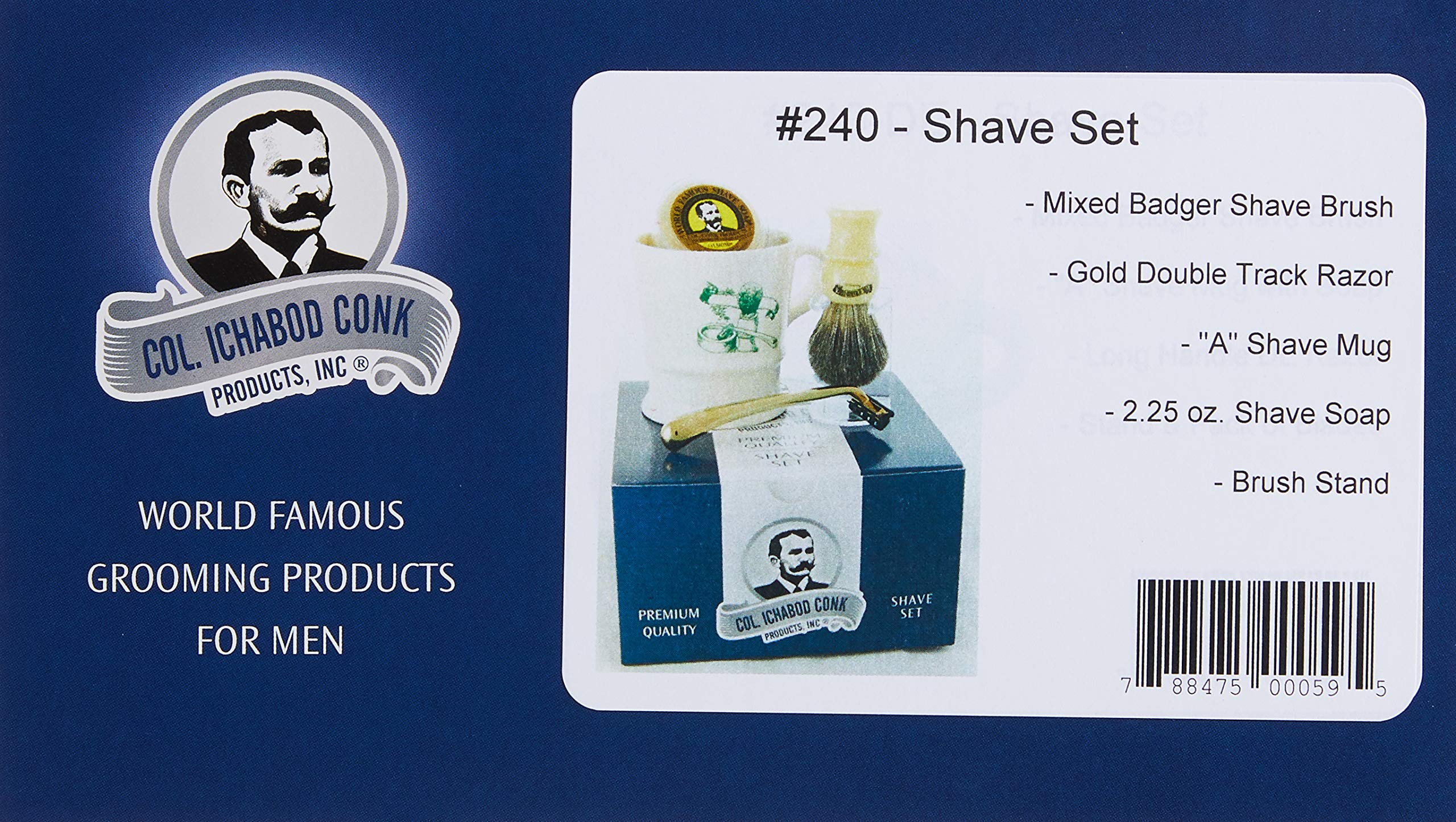 Colonel Conk Model 240 Shaving Mug Set with Mixed Badger Brush, Gold Tone Razor & Shaving Soap - Premium Wet Shaving Kit for Men, Perfect Gift for Father's Day & Grooming Enthusiasts