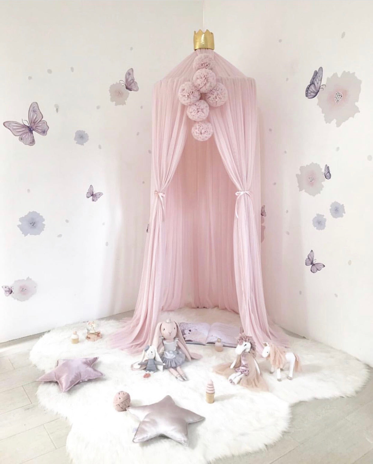 Elegant White Canopy with Gold Crown & Pom Poms - Perfect for Weddings, Baby Showers & Royal-Themed Parties