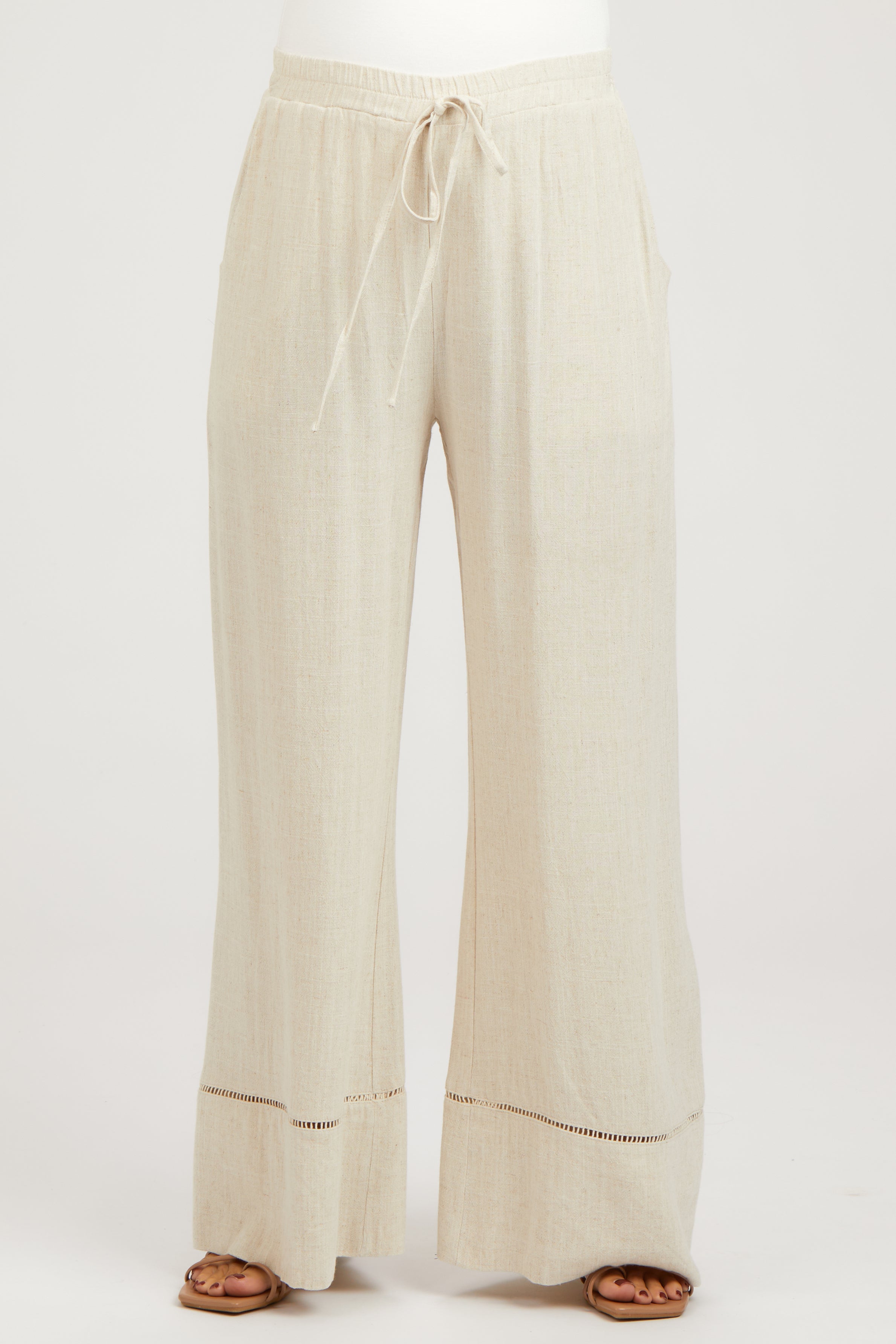 Beige Linen Maternity Pants Wide Leg with Lace Trim - Comfortable Pregnancy Pants for Work, Casual & Nursing Mothers