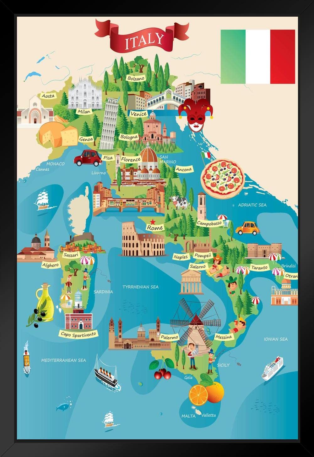 Detailed Italian Tourist & Travel Destinations Illustrated Map - World Travel Map with Cities - Black Wood Framed Wall Art 14x20 - Perfect for Home Office Decor, Geography Enthusiasts & Travel Planning