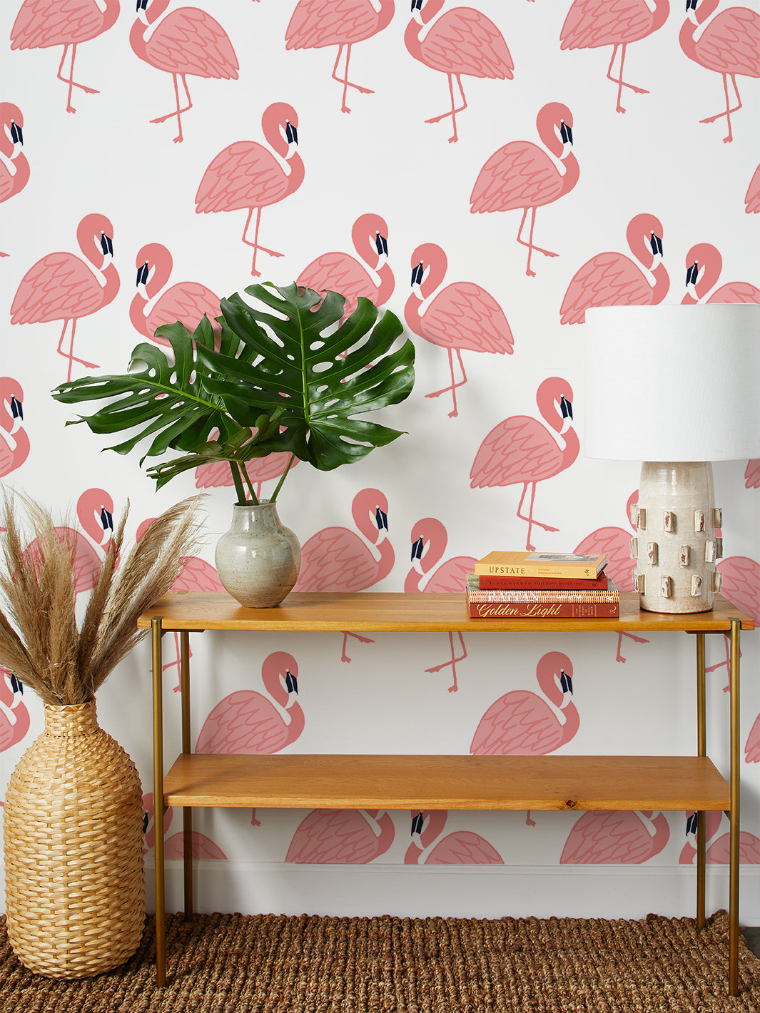 Flamingos Wallpaper by Tea Collection - Pink Tropical Flamingo Peel & Stick Removable Wallpaper for Nursery, Bedroom, or Bathroom Decor