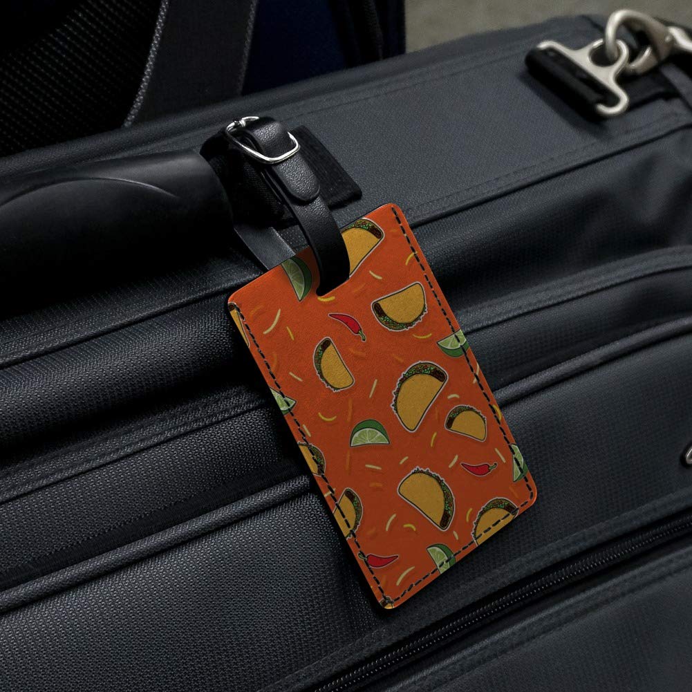 Stylish Rectangle Leather Luggage Tag with Taco Fiesta Pattern - Perfect for Travel, Suitcases, Backpacks & ID Cards | Durable Chili Red Design