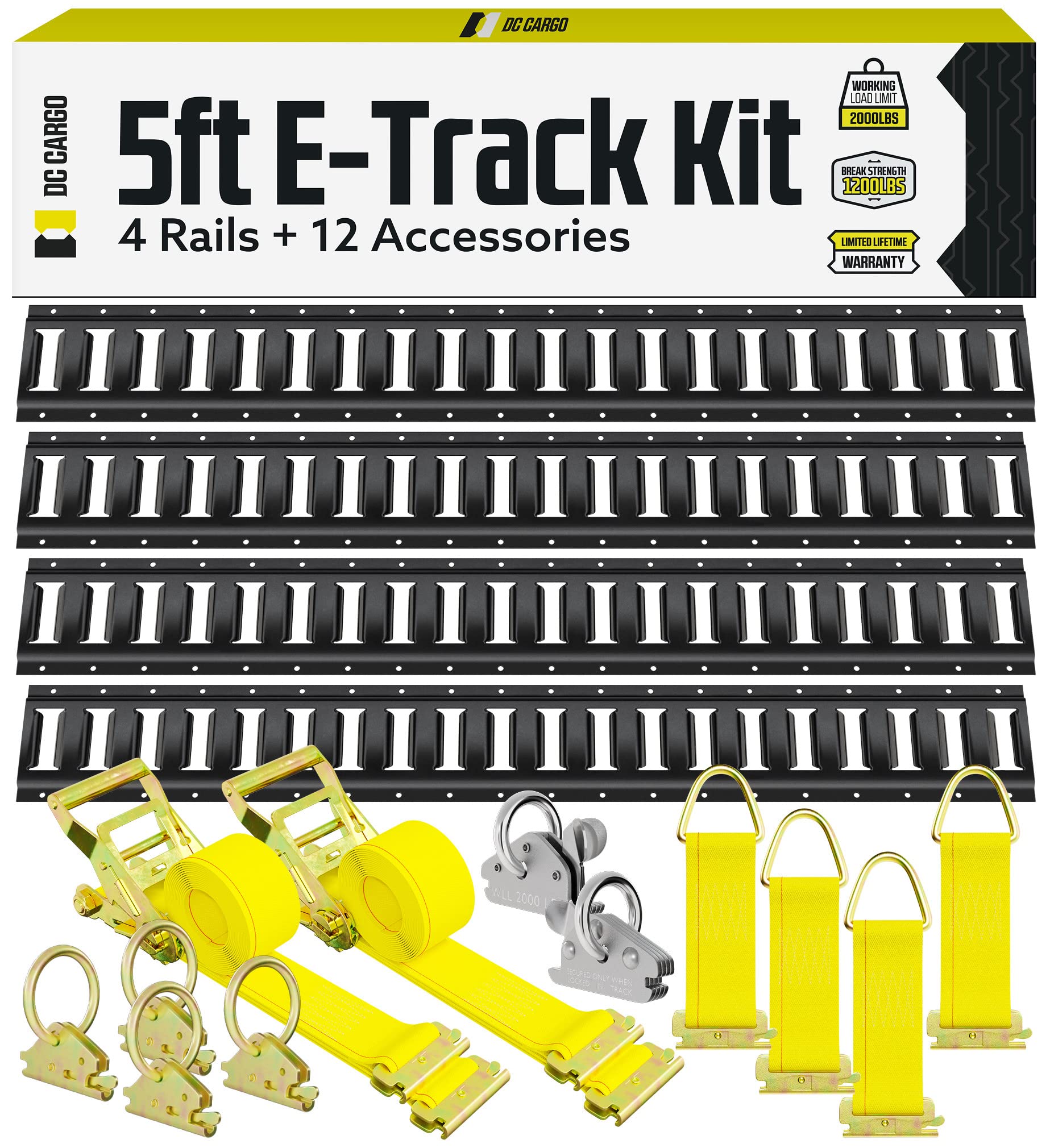 16PCS 5FT E-Track Tie Down Rail Kit - 4 Powder-Coated Rails, 12FT Ratchet Straps, O Rings & D-Ring Tie-Offs for Secure Cargo Transport - Perfect for Vans, Trucks & Trailers