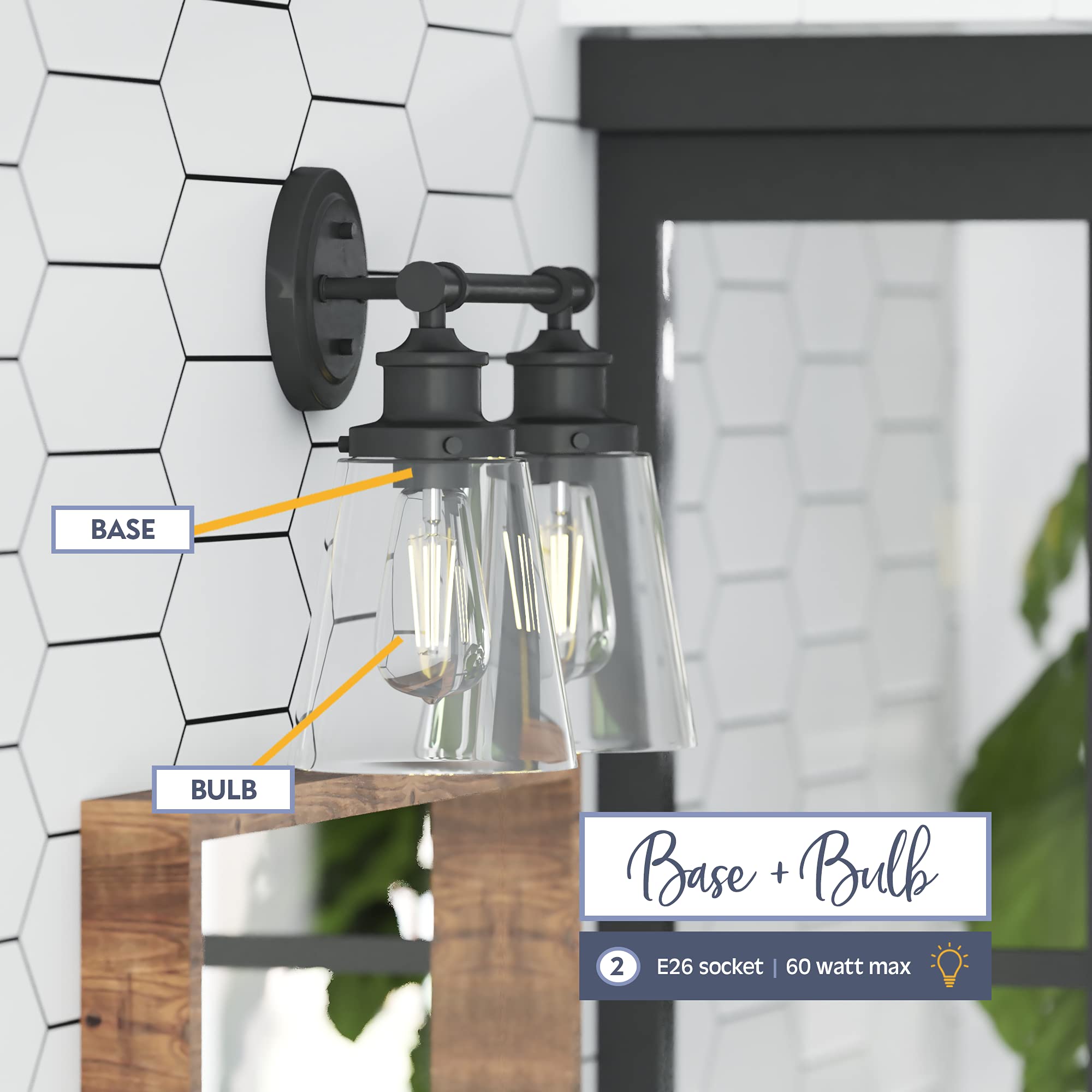Prominence Home Helenah 2-Light Matte Black Bathroom Vanity Light Fixture with Clear Glass Shades - 51561-01 | Modern Lighting for Bathroom, Powder Room & Dressing Area