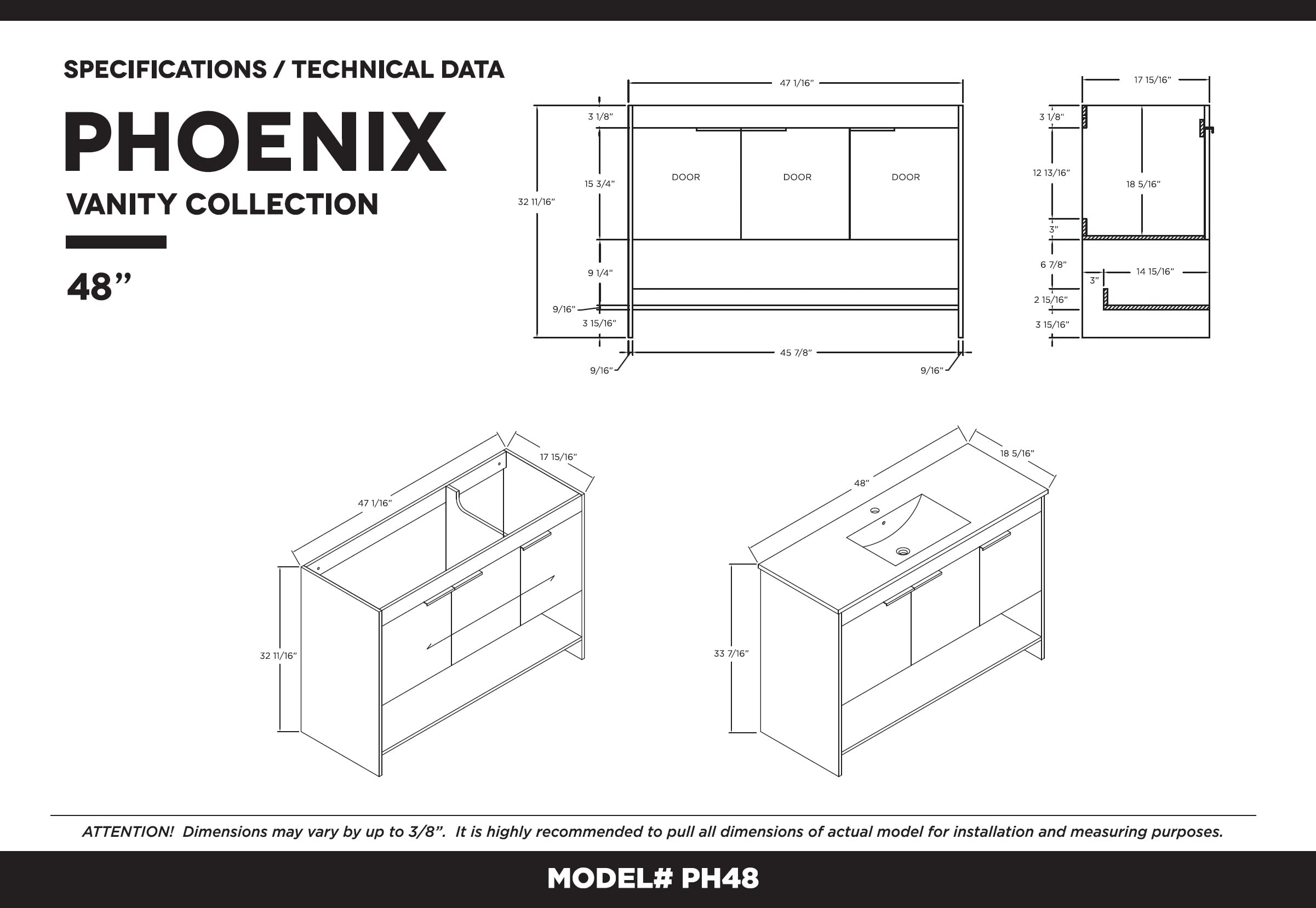 Fine Fixtures Phoenix 48 Inch Bathroom Vanity with Sink – Modern White Vanity with Soft-Close Doors & Storage Drawers for Small Bathrooms | Durable Construction | Easy Installation | Perfect for Master Bath, Guest Bath & Powder Room Remodeling