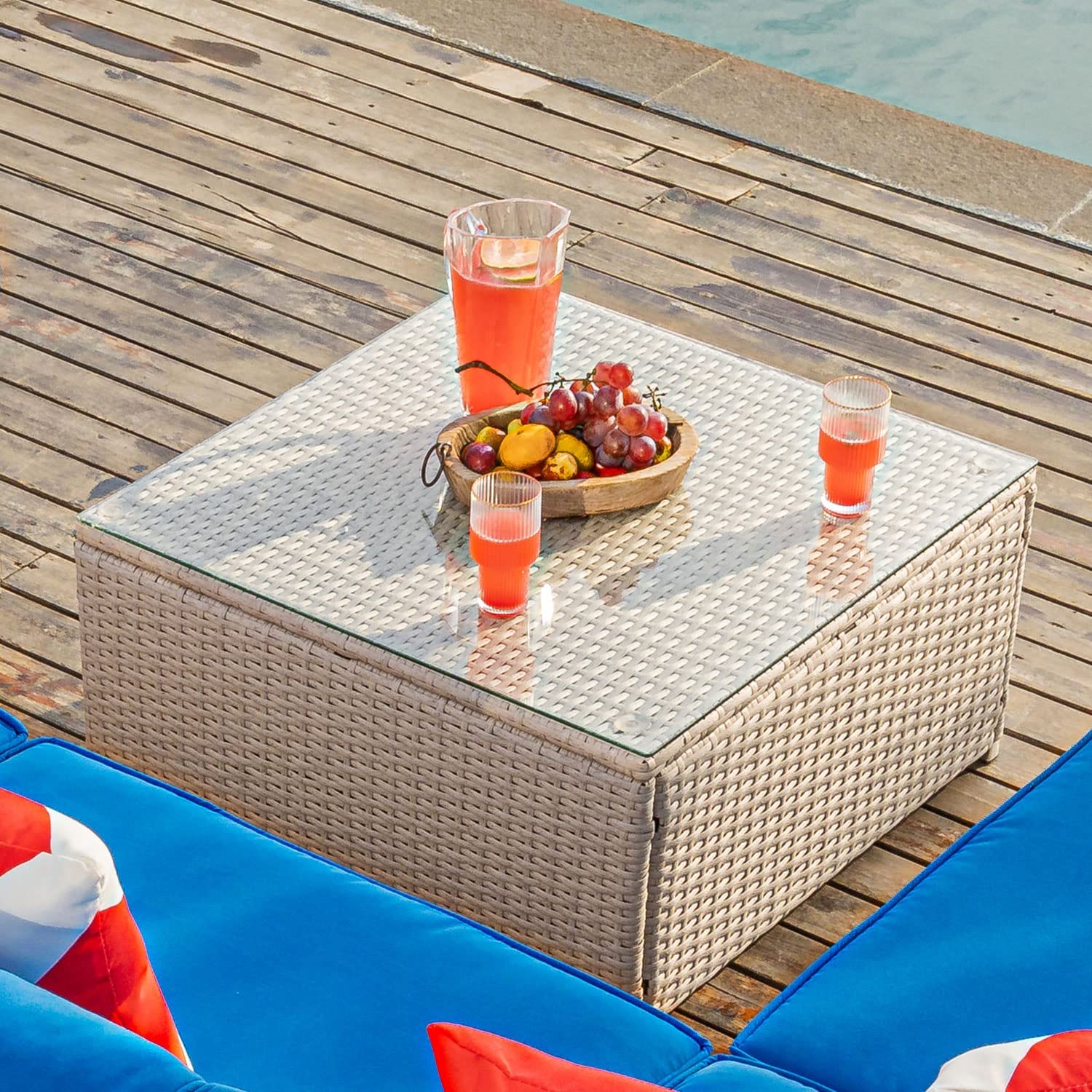 Stylish Beige Wicker Outdoor Coffee Table with Tempered Glass Top - Perfect for Garden, Poolside & Backyard Furniture Sets | Durable Patio Decor for Relaxing & Entertaining
