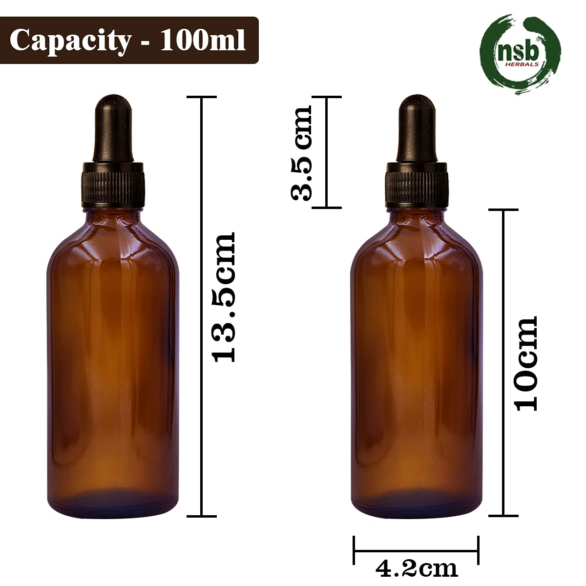NSB Herbals 100ml Amber Round Empty Glass Bottle with Glass Dropper, Black Ring & Silicone Teat - Refillable Essential Oil, Perfume & Blend Container (Pack of 1) | Perfect for DIY Aromatherapy, Skincare & Natural Perfume Making
