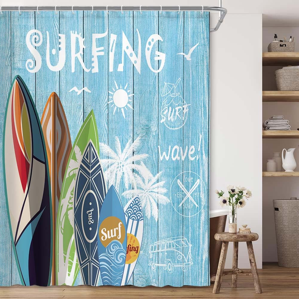 JAWO Beach Shower Curtain - Tropical Surfboard & Palm Tree Design on Teal Blue Rustic Wooden Plank Fabric Bathroom Decor - 69x70 Inches with Hooks - Perfect for Coastal, Nautical & Beach-Themed Bathrooms