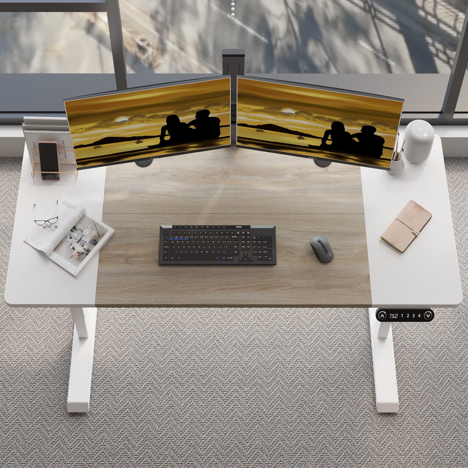 Adjustable Height Electric Standing Desk - 55 x 24 Inches Sit Stand Workstation, Ergonomic Home Office Desk with White Frame & Oak Top for Computer Work, Gaming, and Study