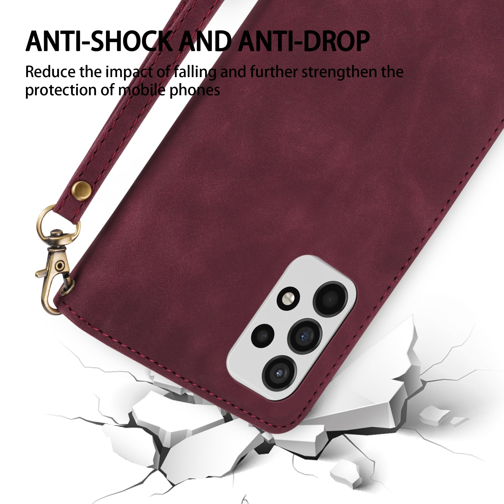 Premium PU Leather Wallet Case for Samsung Galaxy A52 5G (6.5 Inch) - Card Slots, Zipper Closure, Wrist Strap & Kickstand | Protective Flip Folio Cover for Daily Use, Travel & Business (Wine Red)