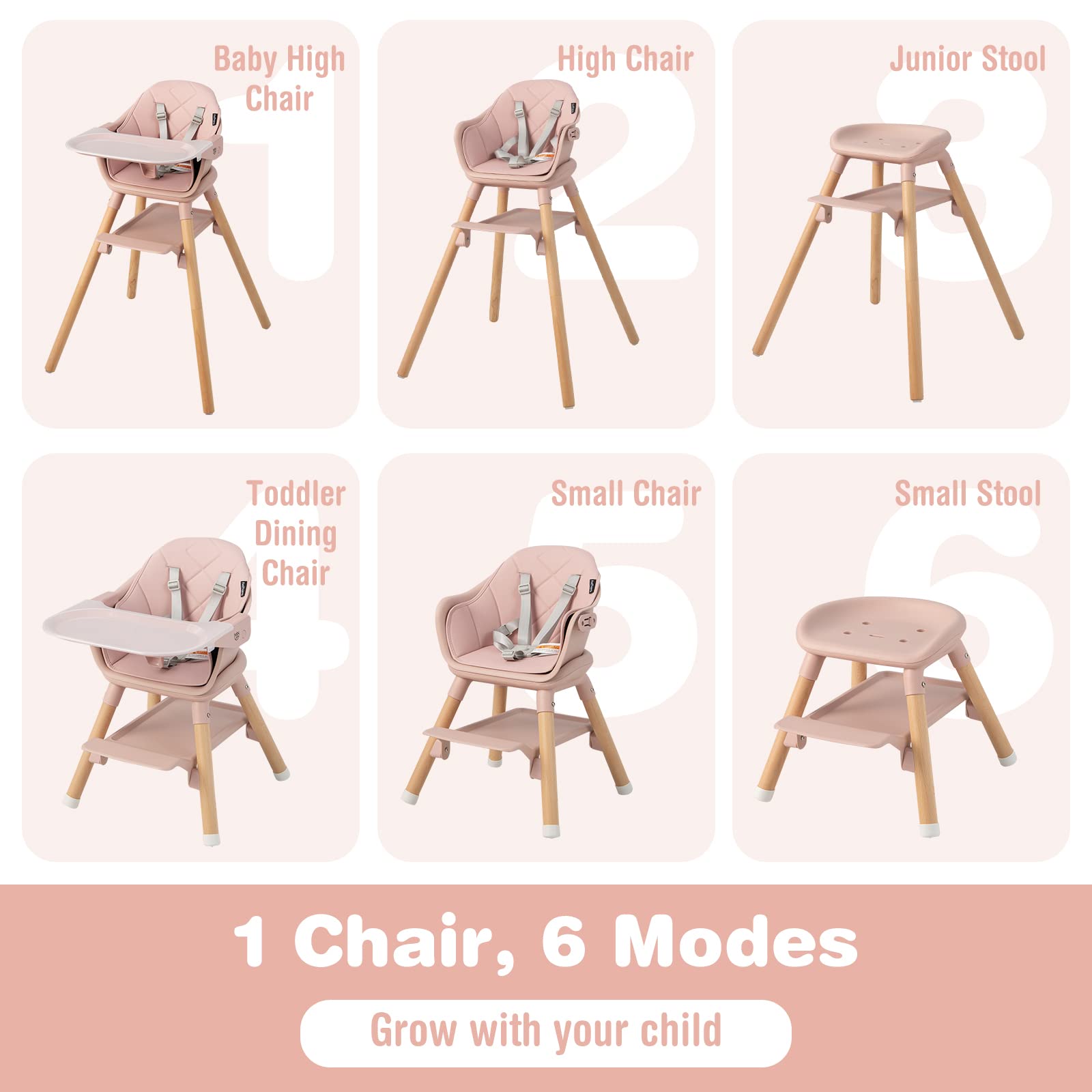 BABY JOY 6-in-1 Convertible Wooden High Chair for Babies & Toddlers - Adjustable Height, Removable Dual Trays, Safety Harness & Waterproof PU Cushion (Pink) - Perfect for Dining, Feeding & Playtime at Home or Restaurant