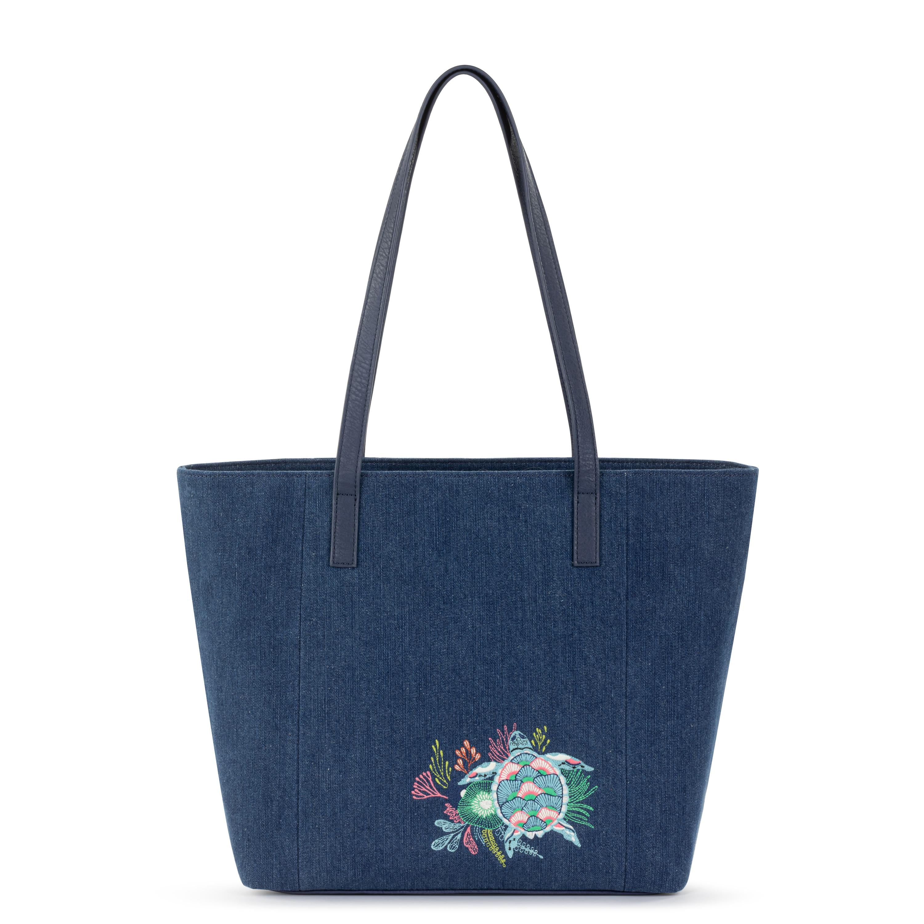 Stylish Metro Tote Denim Bag with Reef Seascape Embroidery - Perfect for Beach Trips, Shopping & Everyday Use
